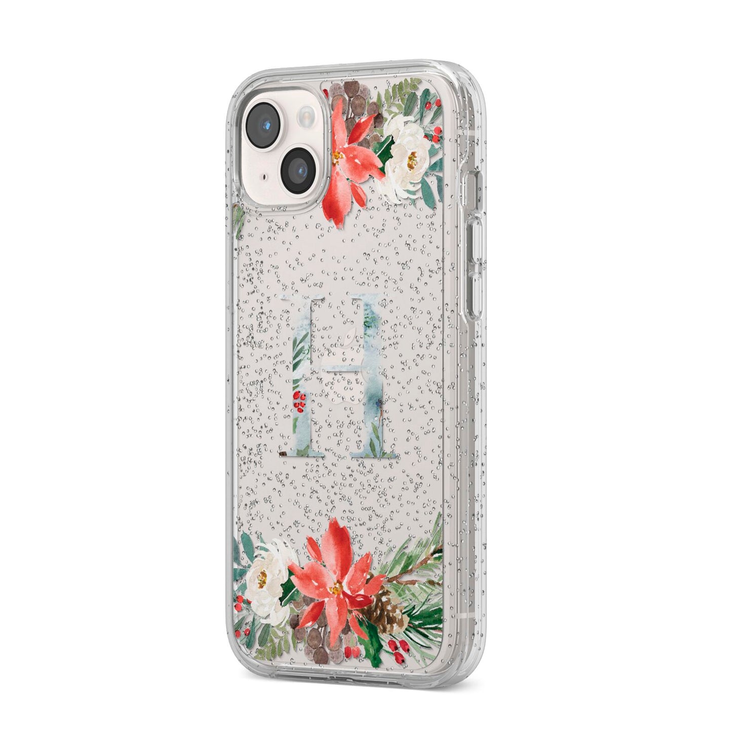 Personalised Winter Monogram Clear Floral iPhone 14 Plus Glitter Tough Case Starlight Angled Image