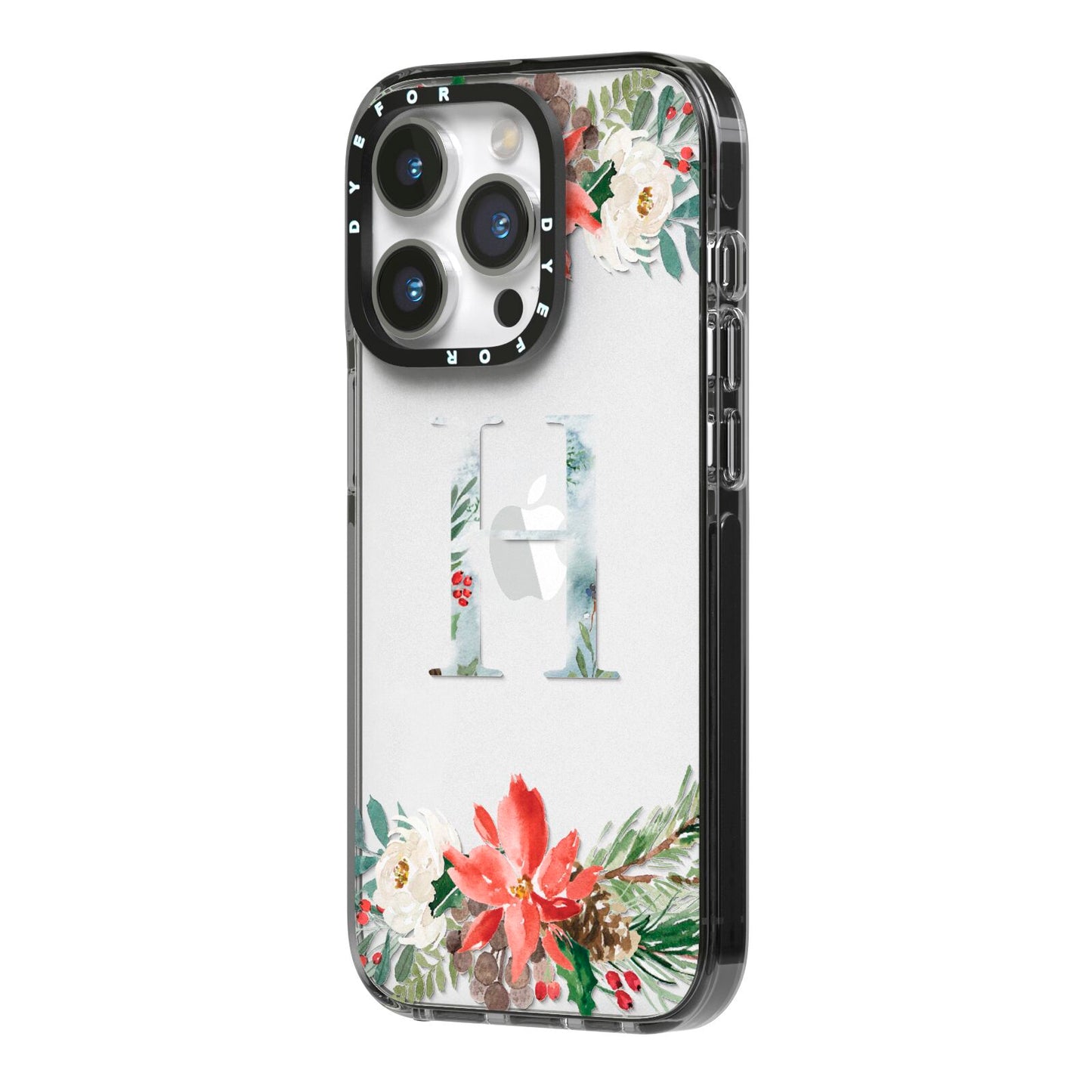 Personalised Winter Monogram Clear Floral iPhone 14 Pro Black Impact Case Side Angle on Silver phone