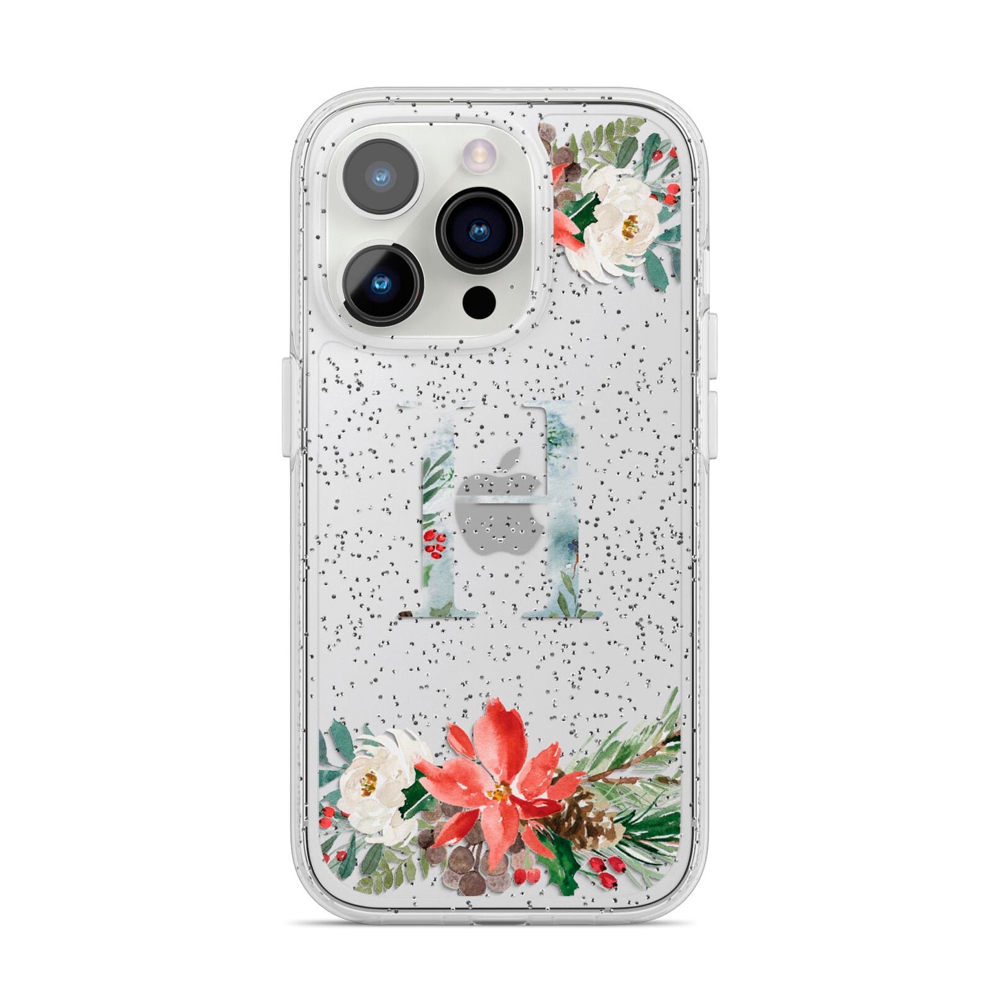 Personalised Winter Monogram Clear Floral iPhone 14 Pro Glitter Tough Case Silver