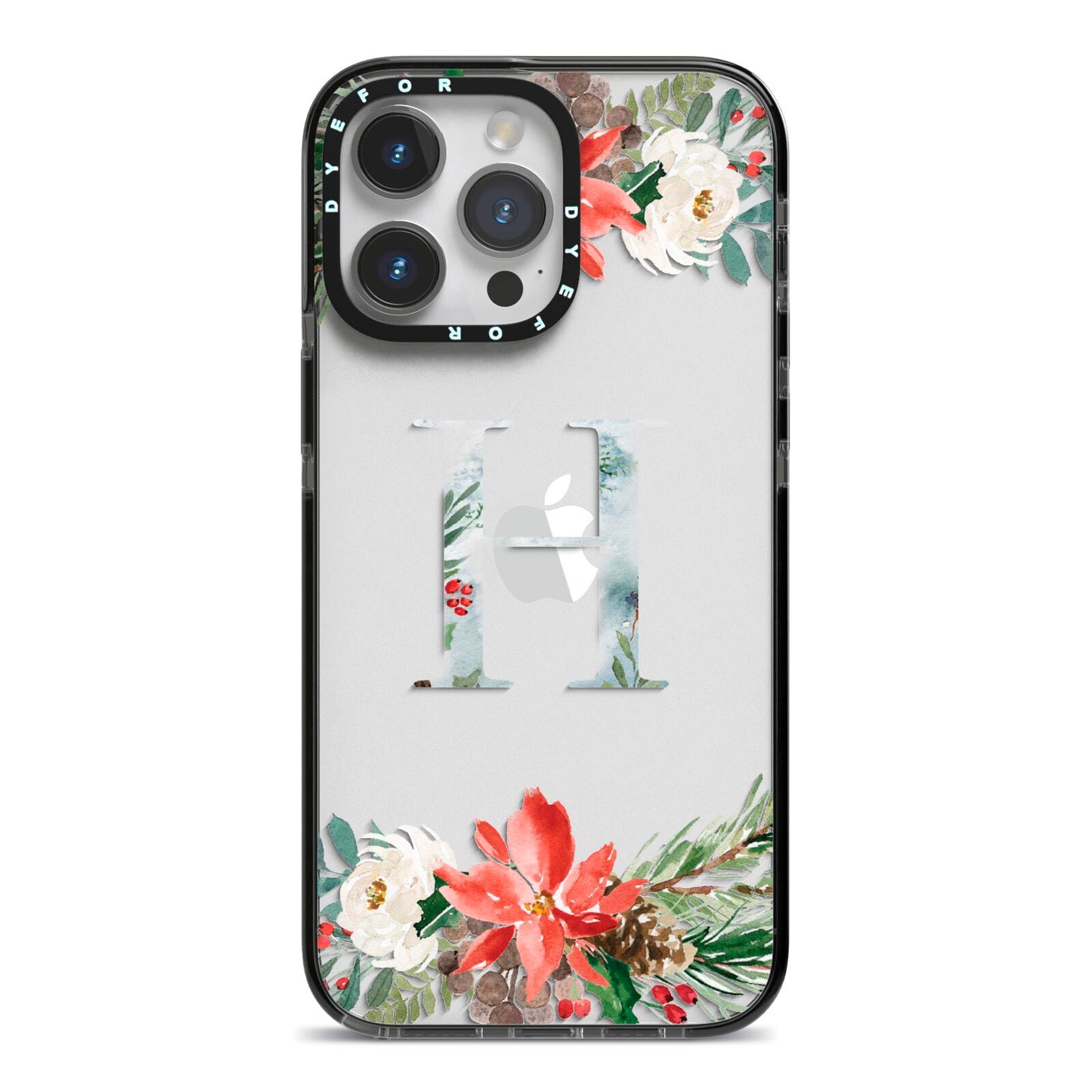 Personalised Winter Monogram Clear Floral iPhone 14 Pro Max Black Impact Case on Silver phone