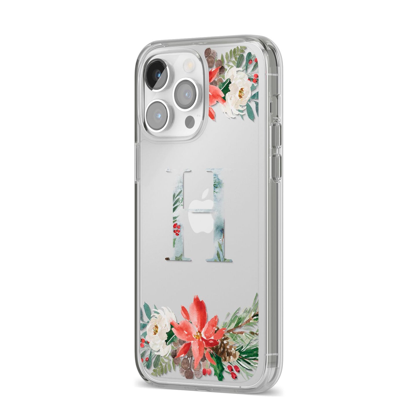 Personalised Winter Monogram Clear Floral iPhone 14 Pro Max Clear Tough Case Silver Angled Image