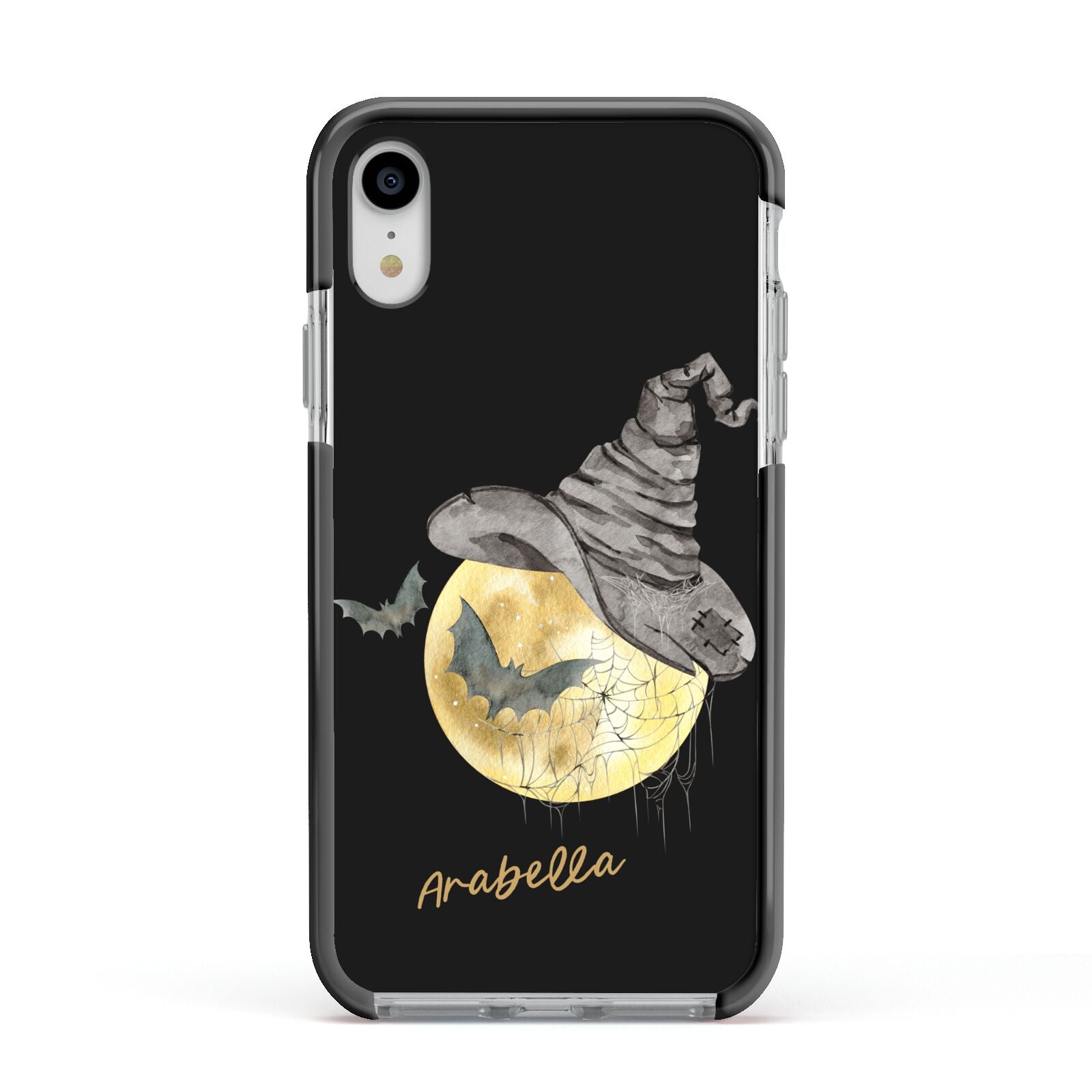 Personalised Witchy Moon Apple iPhone XR Impact Case Black Edge on Silver Phone