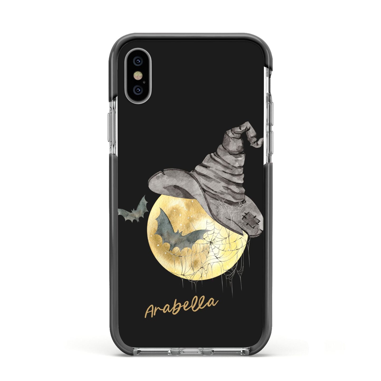Personalised Witchy Moon Apple iPhone Xs Impact Case Black Edge on Silver Phone