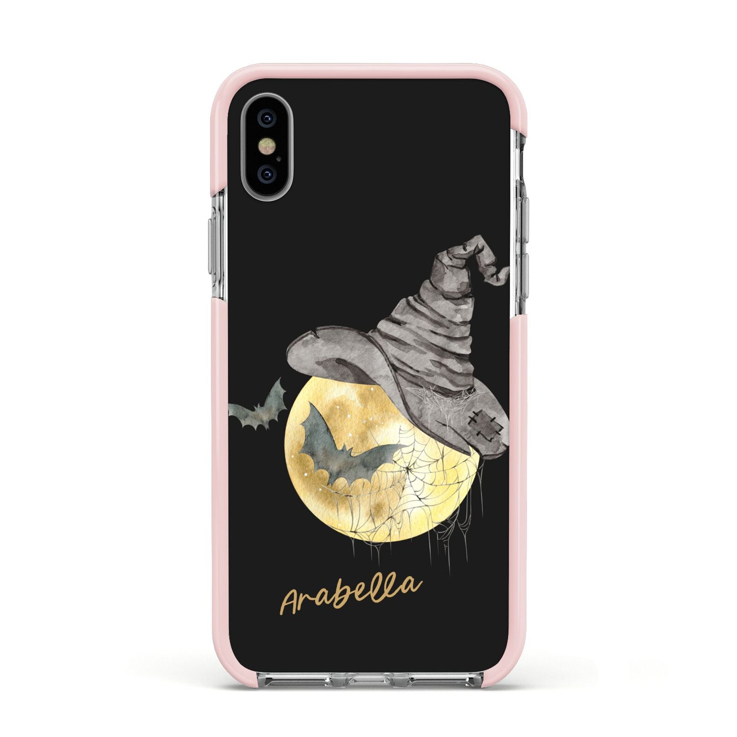 Personalised Witchy Moon Apple iPhone Xs Impact Case Pink Edge on Silver Phone