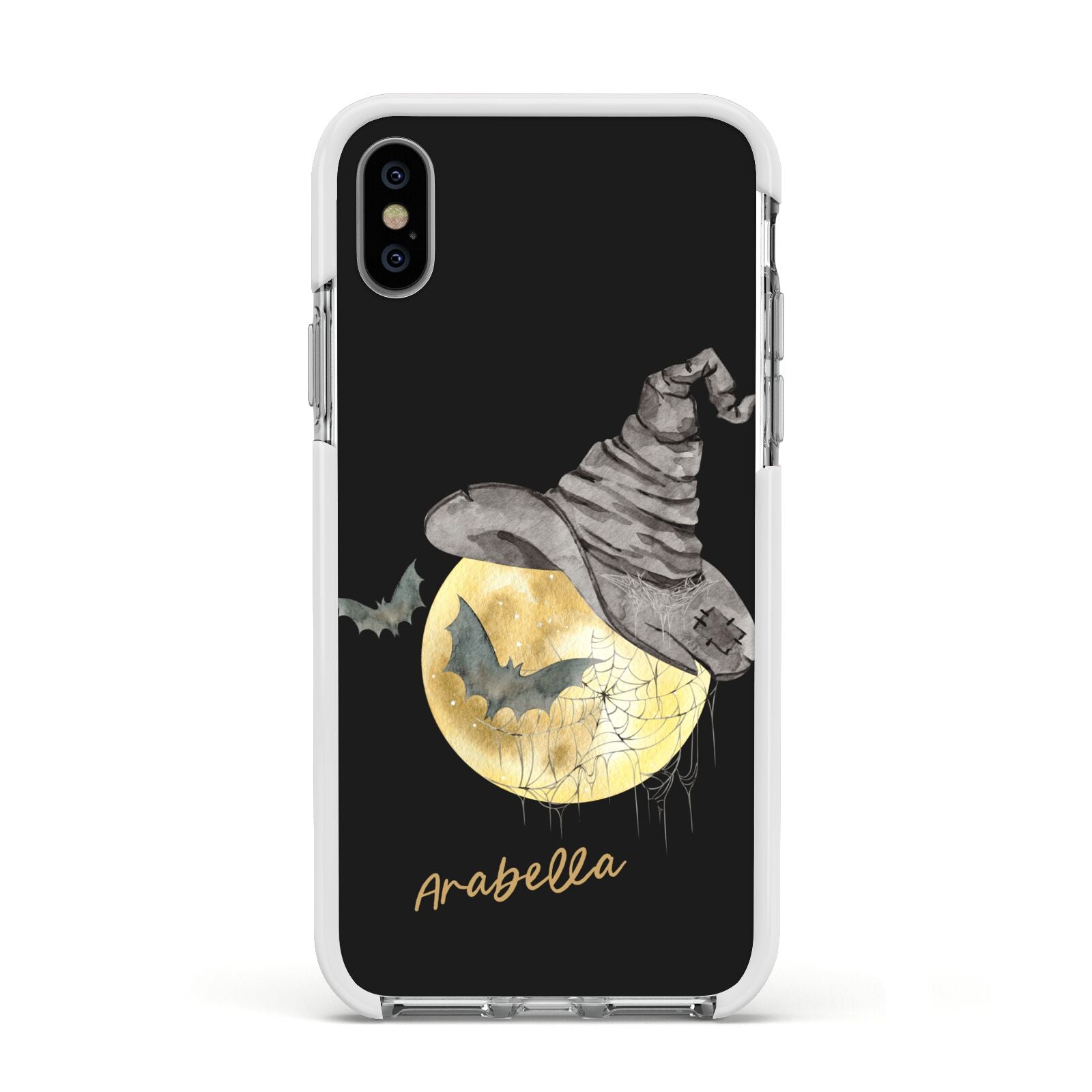 Personalised Witchy Moon Apple iPhone Xs Impact Case White Edge on Silver Phone