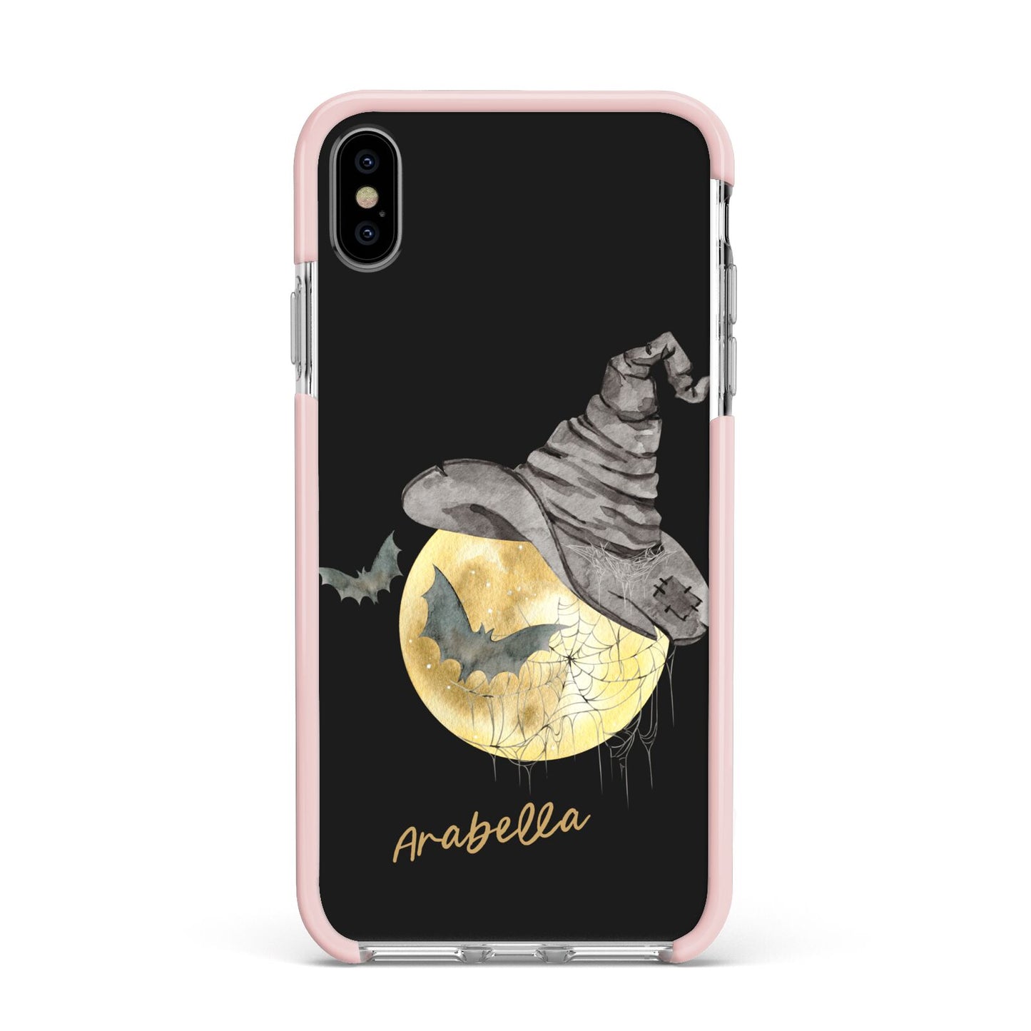 Personalised Witchy Moon Apple iPhone Xs Max Impact Case Pink Edge on Silver Phone