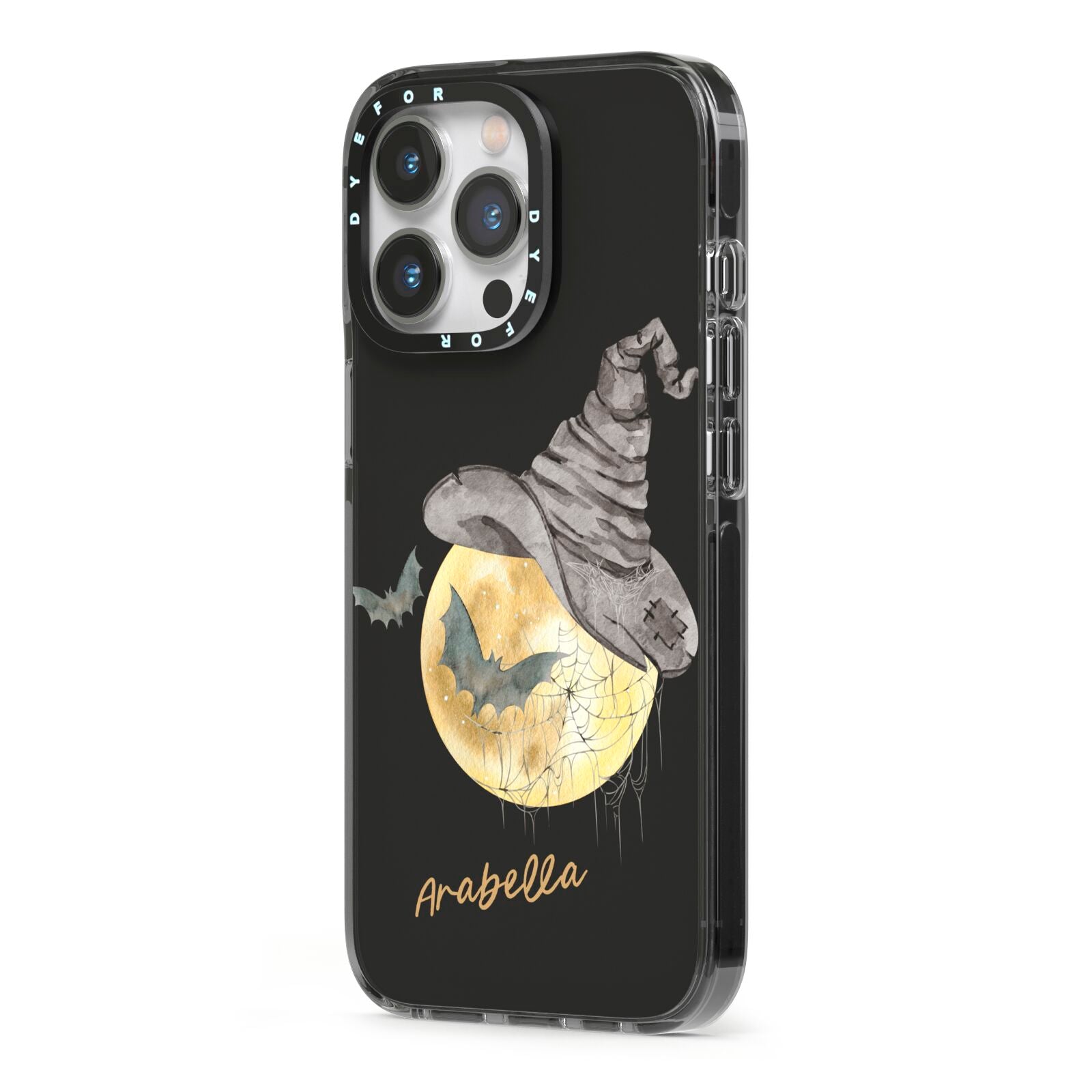 Personalised Witchy Moon iPhone 13 Pro Black Impact Case Side Angle on Silver phone