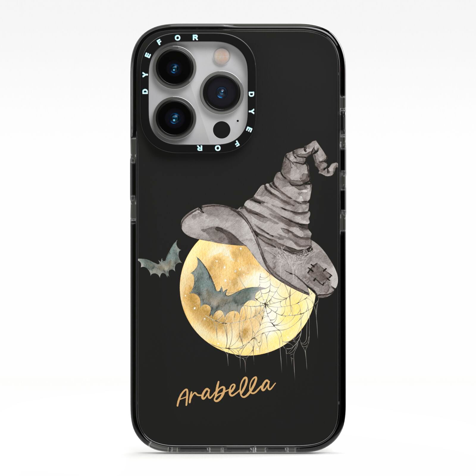 Personalised Witchy Moon iPhone 13 Pro Black Impact Case on Silver phone