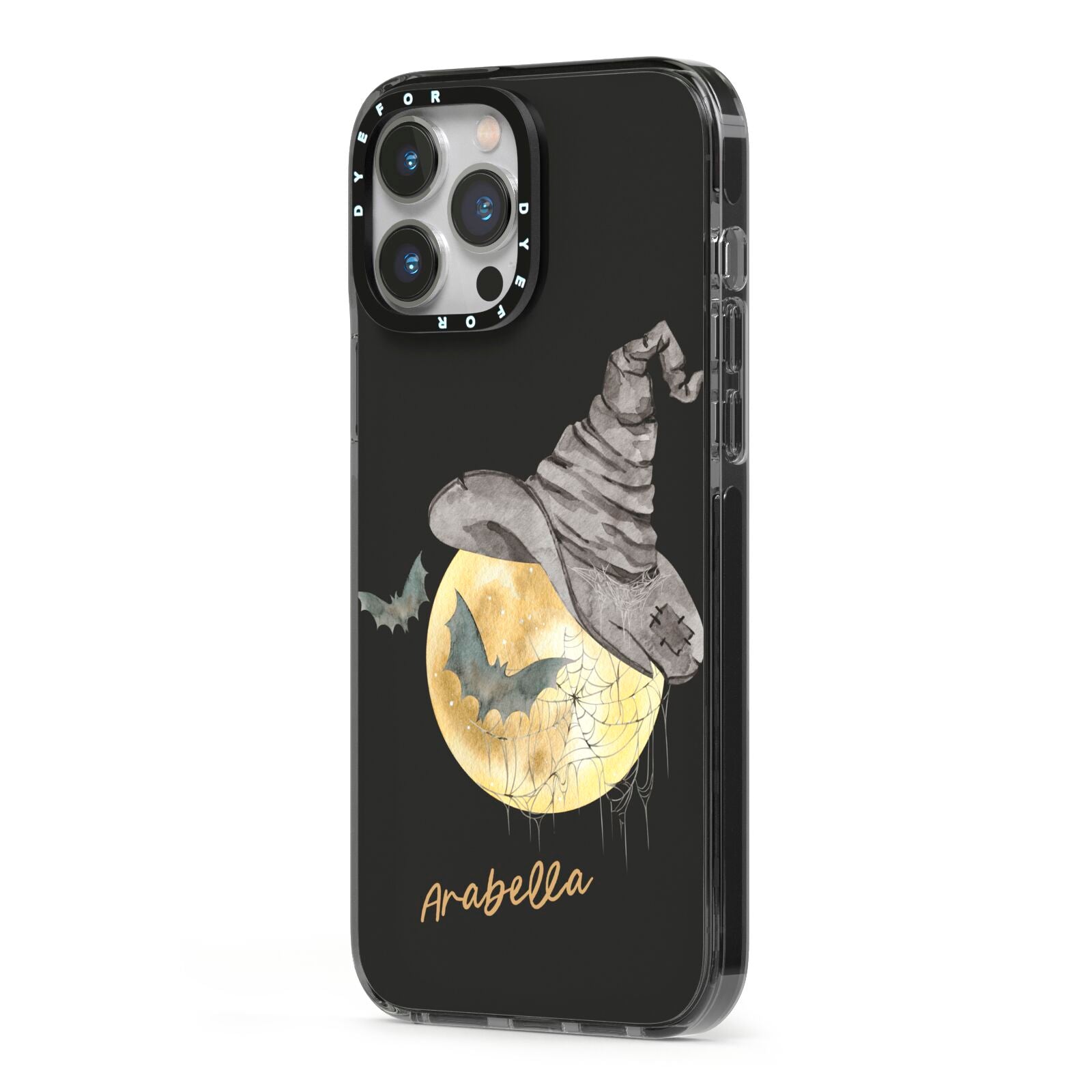 Personalised Witchy Moon iPhone 13 Pro Max Black Impact Case Side Angle on Silver phone