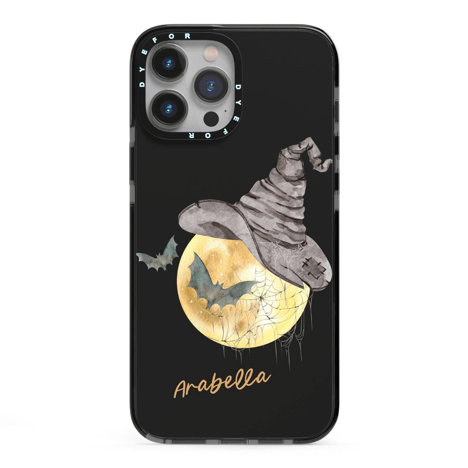 Personalised Witchy Moon iPhone 13 Pro Max Black Impact Case on Silver phone