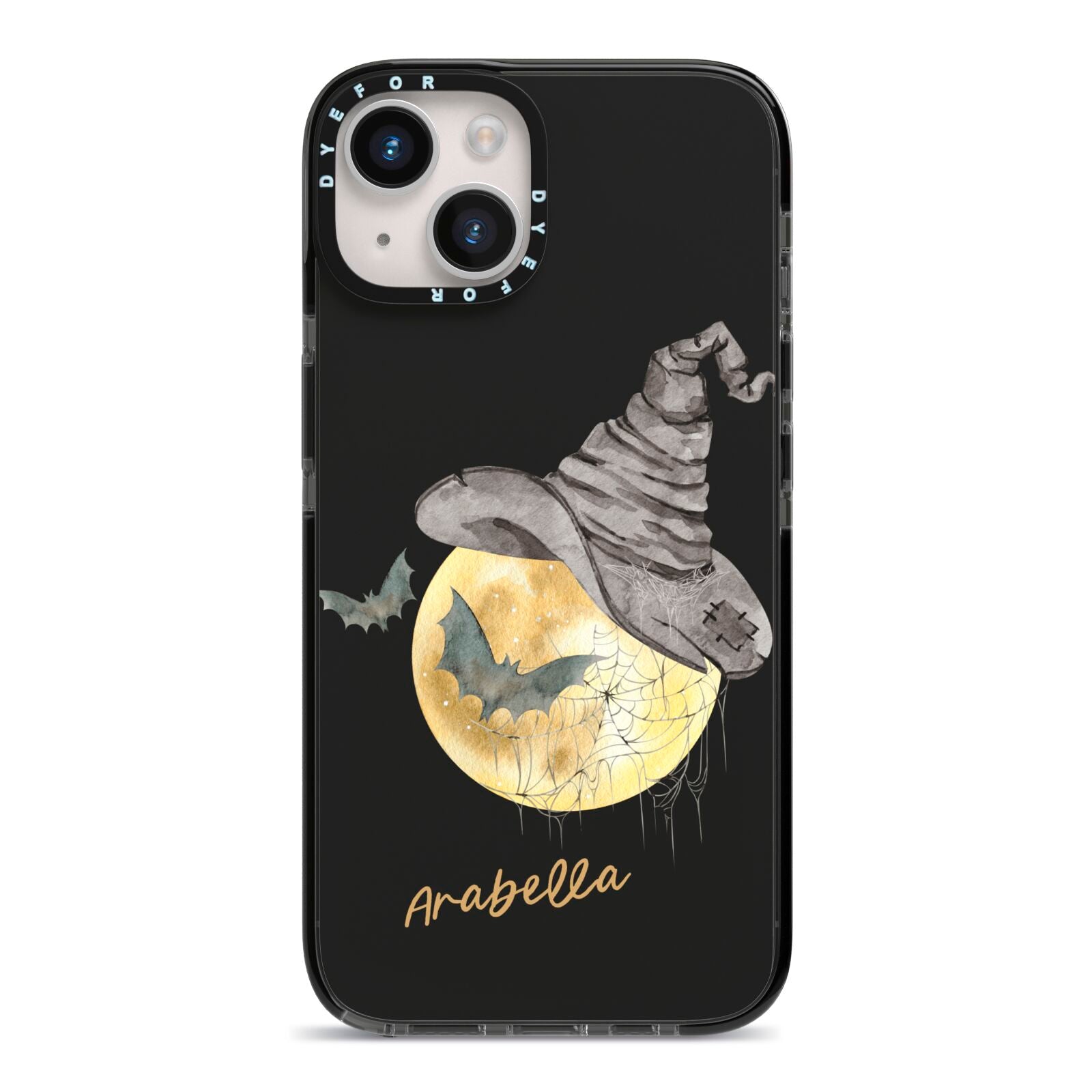 Personalised Witchy Moon iPhone 14 Black Impact Case on Silver phone