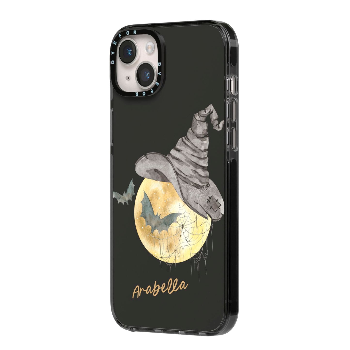 Personalised Witchy Moon iPhone 14 Plus Black Impact Case Side Angle on Silver phone