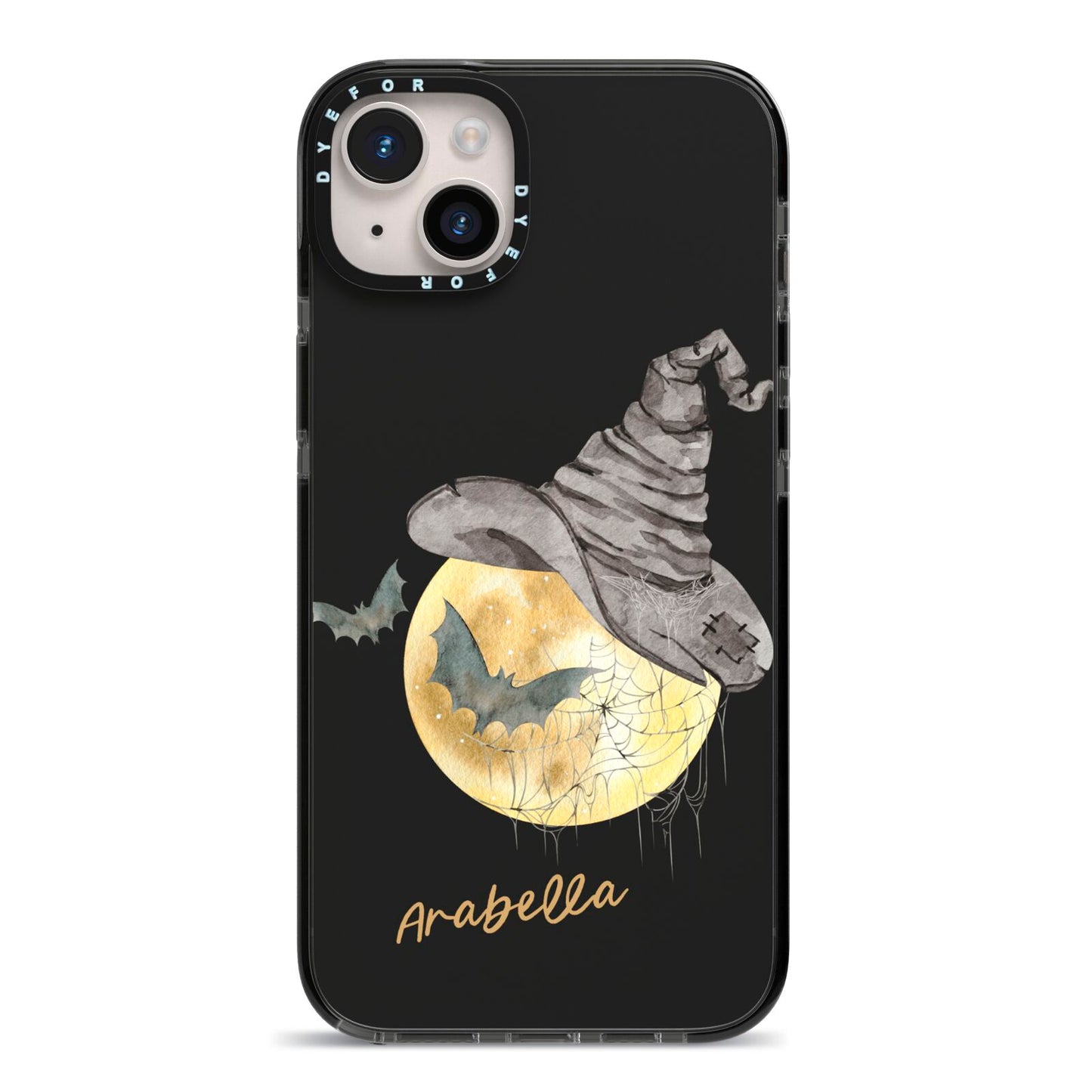 Personalised Witchy Moon iPhone 14 Plus Black Impact Case on Silver phone