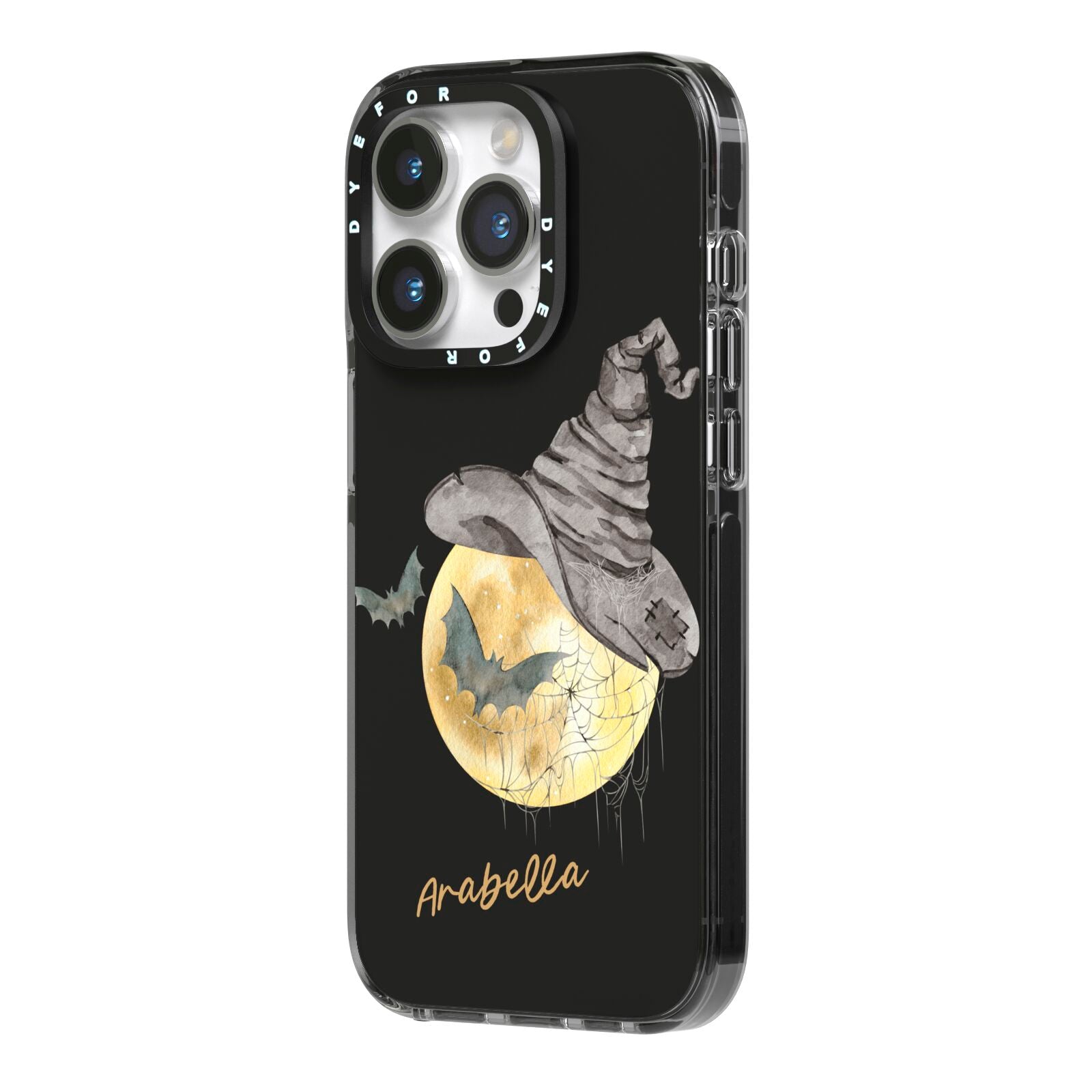 Personalised Witchy Moon iPhone 14 Pro Black Impact Case Side Angle on Silver phone