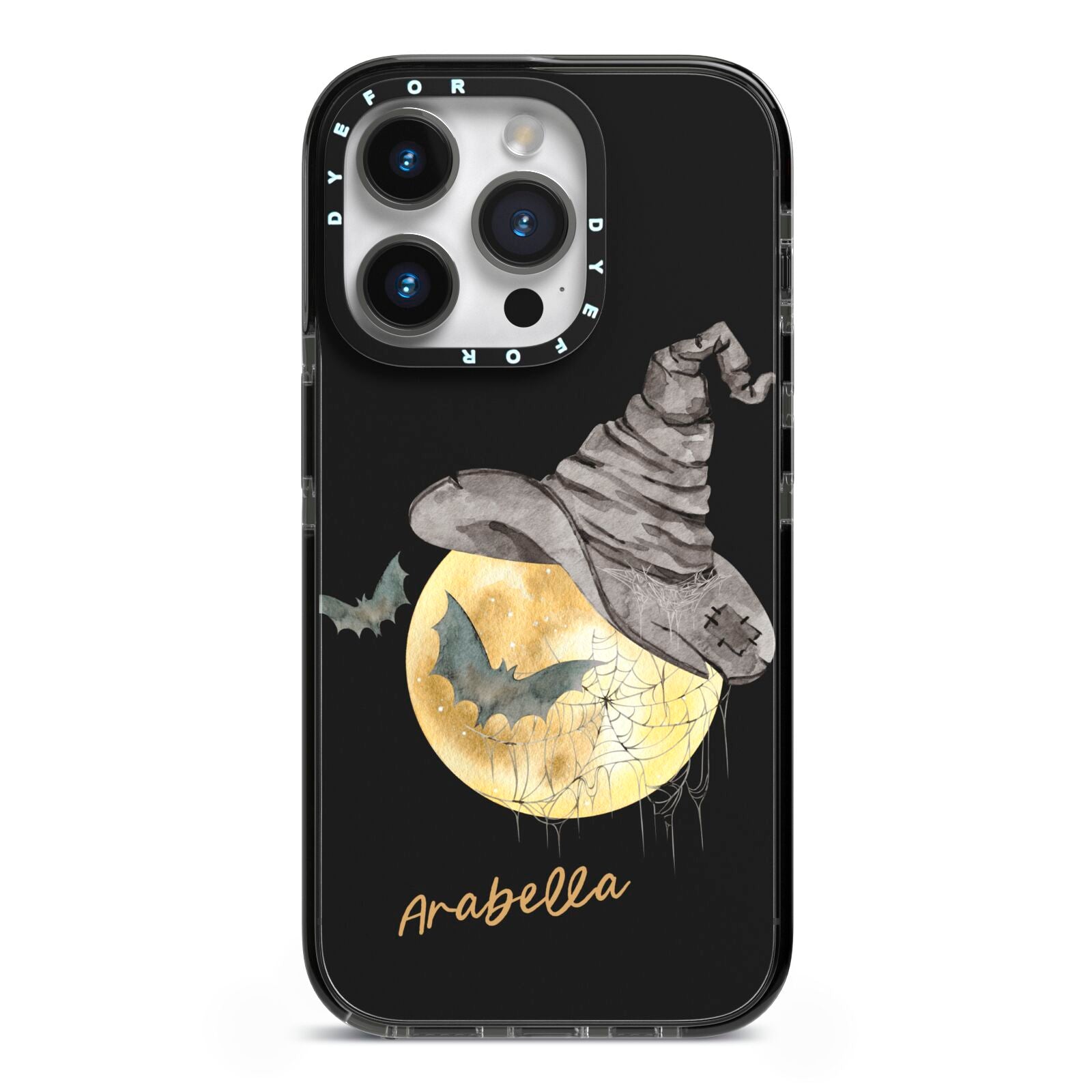 Personalised Witchy Moon iPhone 14 Pro Black Impact Case on Silver phone