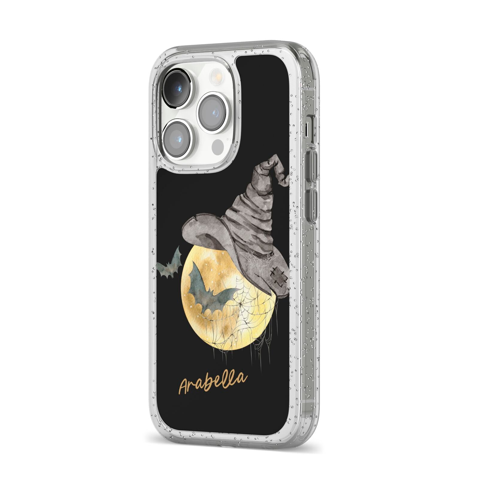 Personalised Witchy Moon iPhone 14 Pro Glitter Tough Case Silver Angled Image
