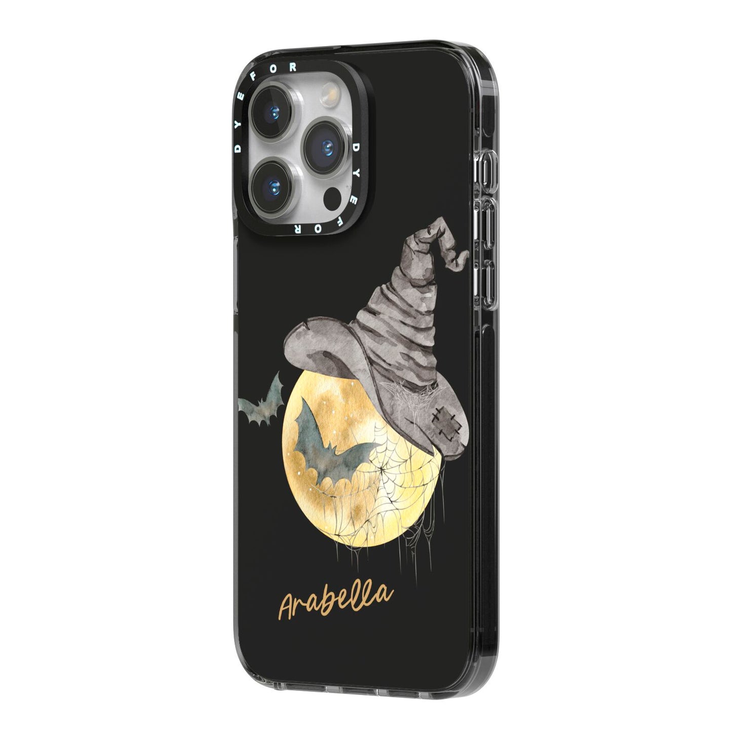Personalised Witchy Moon iPhone 14 Pro Max Black Impact Case Side Angle on Silver phone