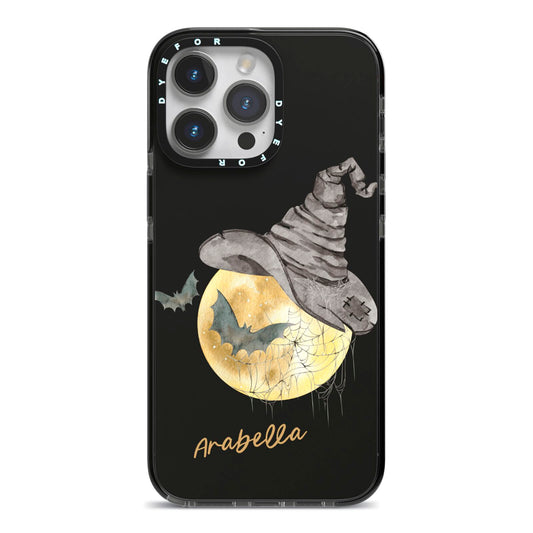 Personalised Witchy Moon iPhone 14 Pro Max Black Impact Case on Silver phone