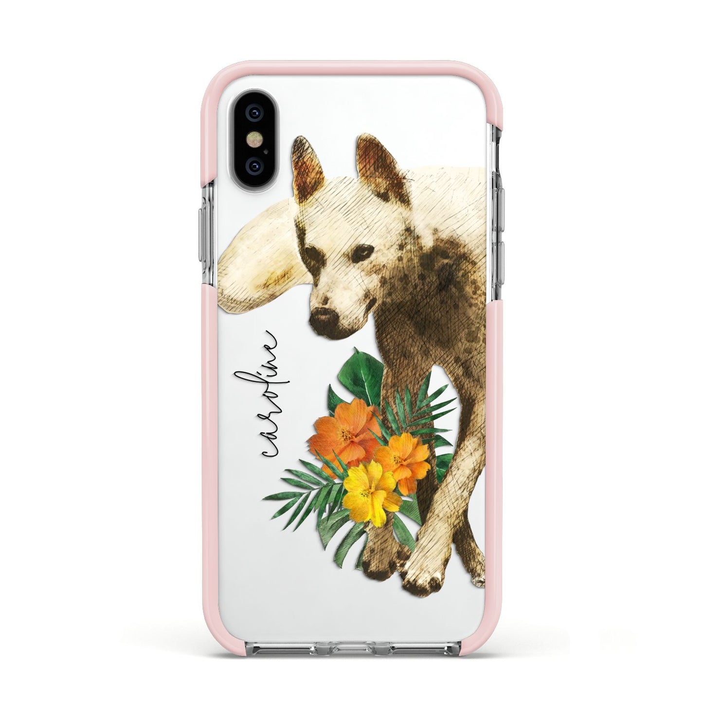 Personalised Wolf Apple iPhone Xs Impact Case Pink Edge on Silver Phone