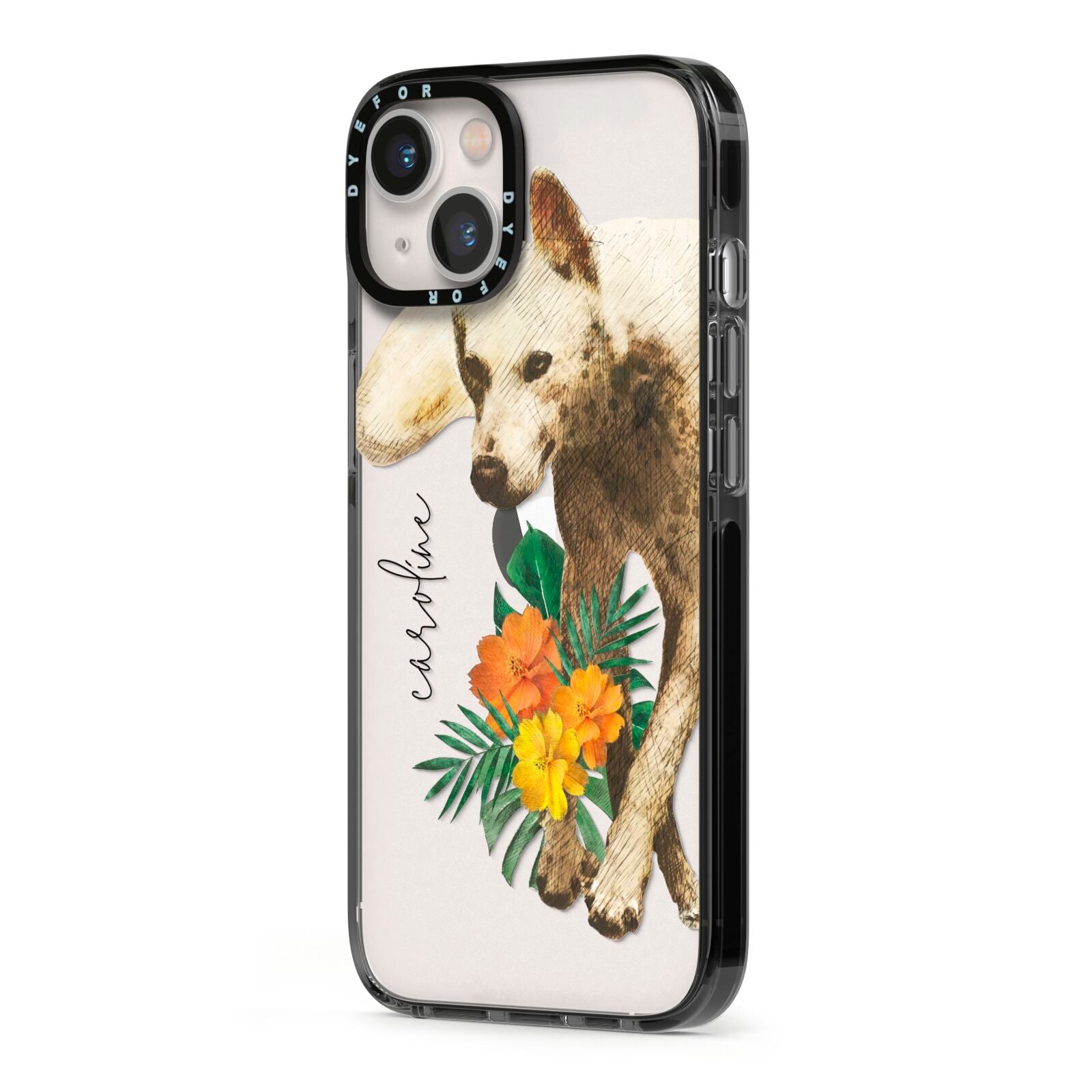 Personalised Wolf iPhone 13 Black Impact Case Side Angle on Silver phone