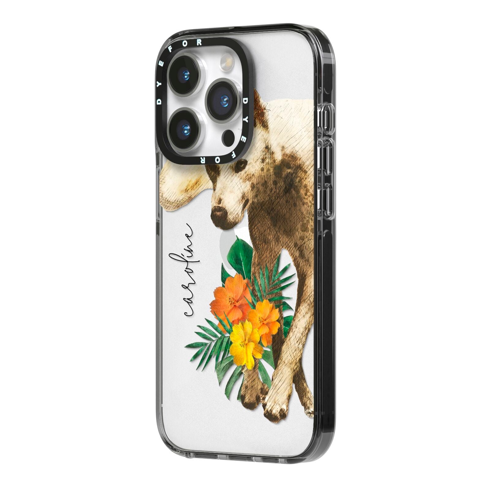 Personalised Wolf iPhone 14 Pro Black Impact Case Side Angle on Silver phone