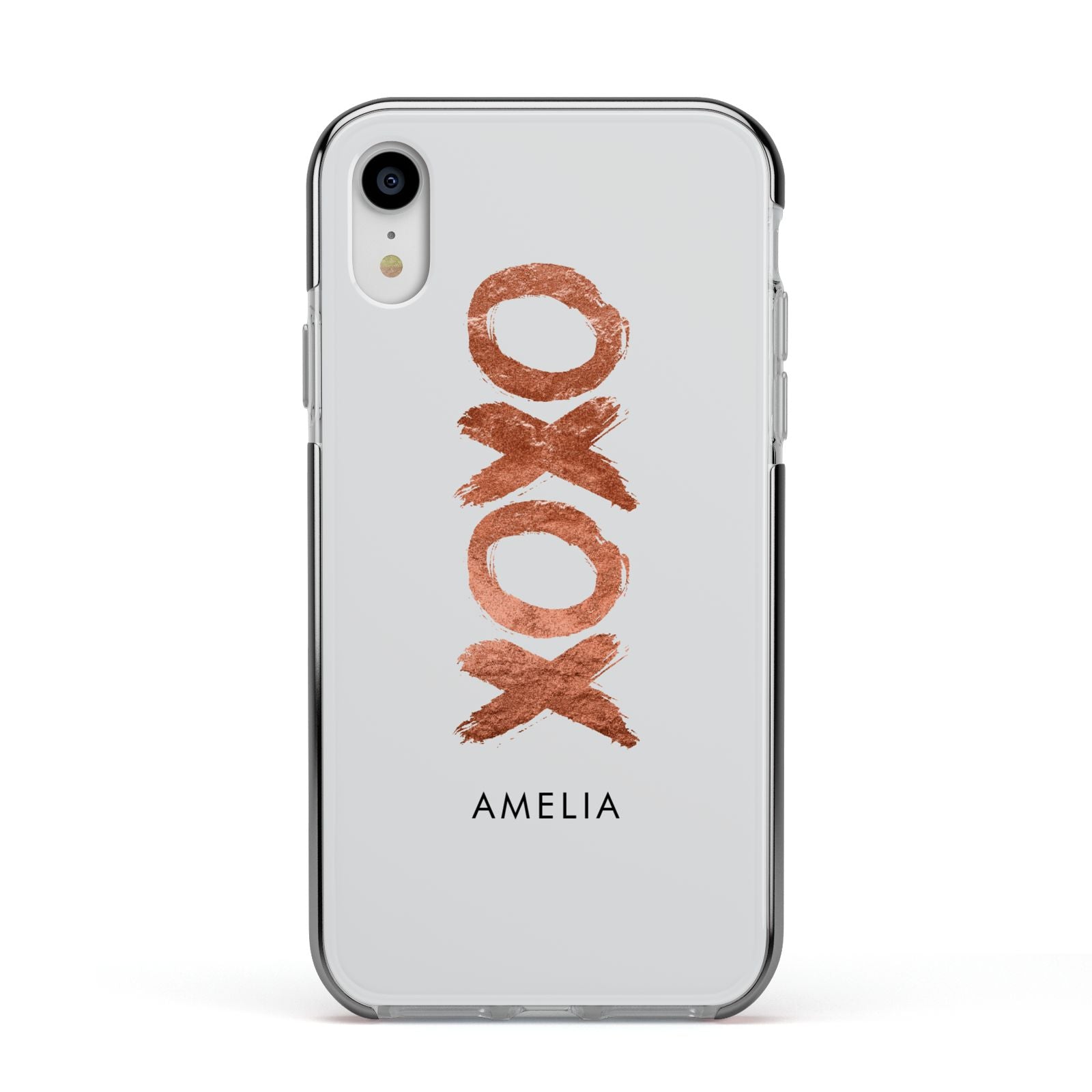 Personalised Xoxo Custom Name Or Initials Apple iPhone XR Impact Case Black Edge on Silver Phone