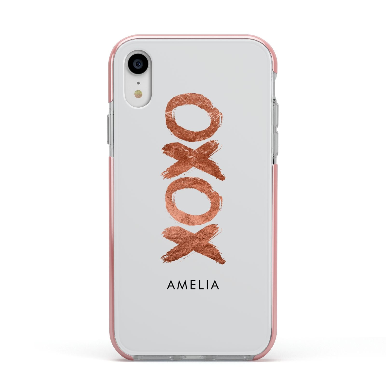 Personalised Xoxo Custom Name Or Initials Apple iPhone XR Impact Case Pink Edge on Silver Phone