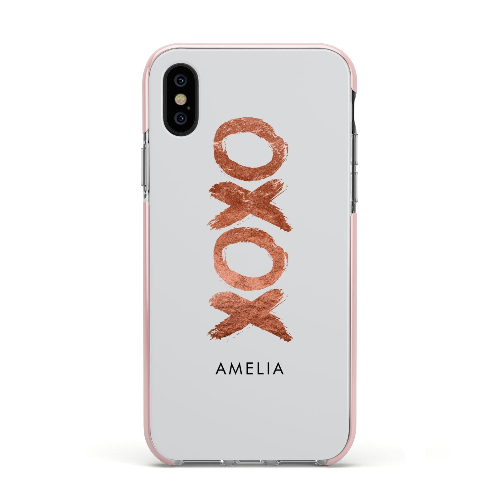 Personalised Xoxo Custom Name Or Initials Apple iPhone Xs Impact Case Pink Edge on Black Phone