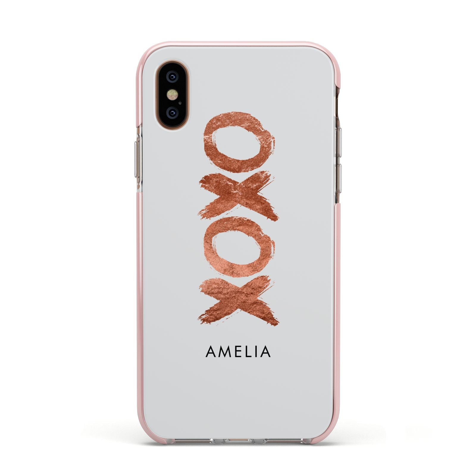 Personalised Xoxo Custom Name Or Initials Apple iPhone Xs Impact Case Pink Edge on Gold Phone