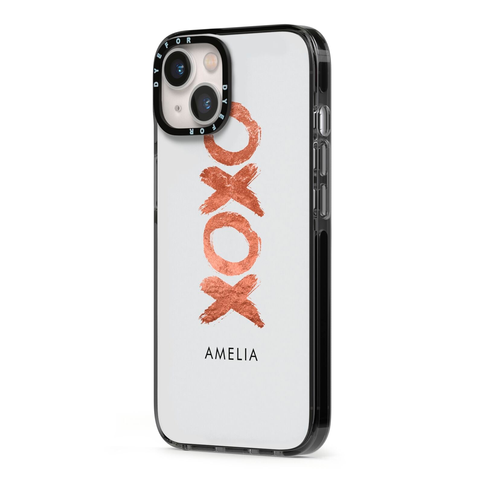 Personalised Xoxo Custom Name Or Initials iPhone 13 Black Impact Case Side Angle on Silver phone