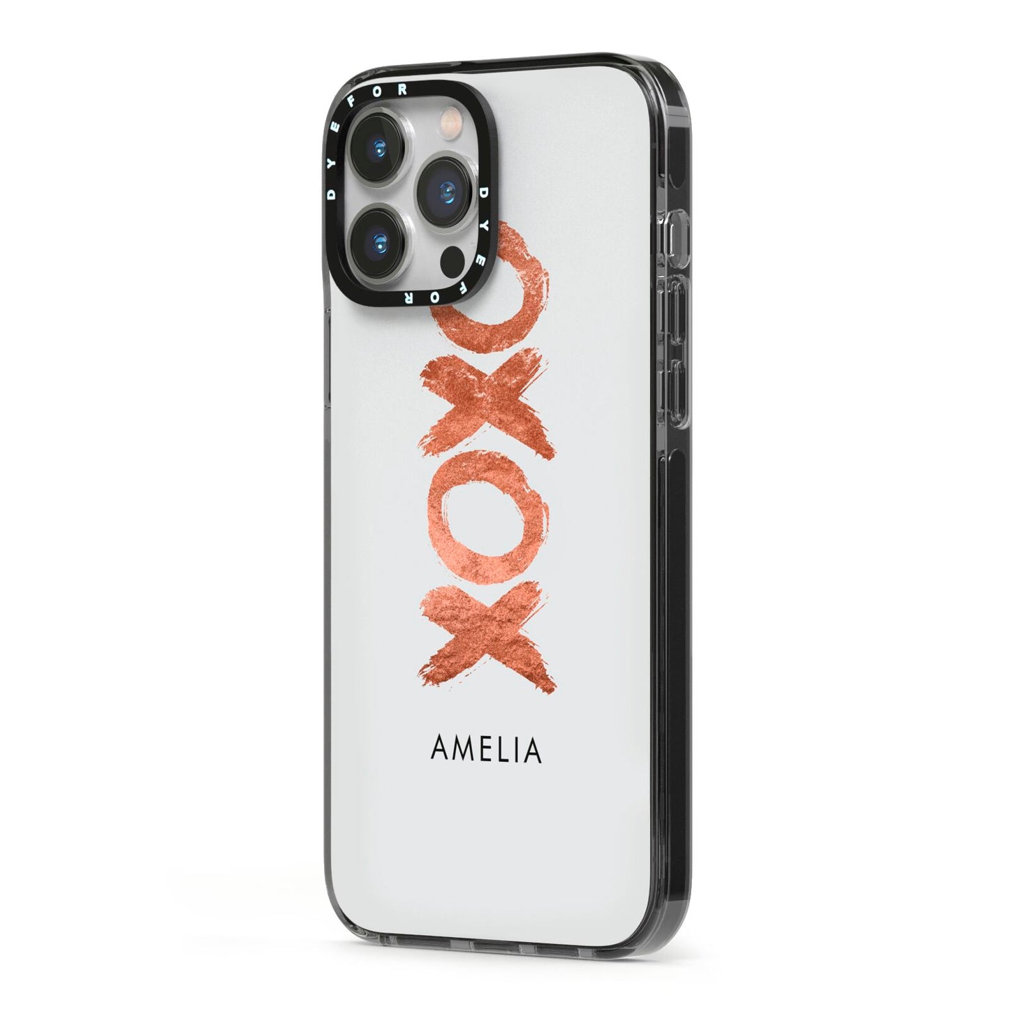 Personalised Xoxo Custom Name Or Initials iPhone 13 Pro Max Black Impact Case Side Angle on Silver phone