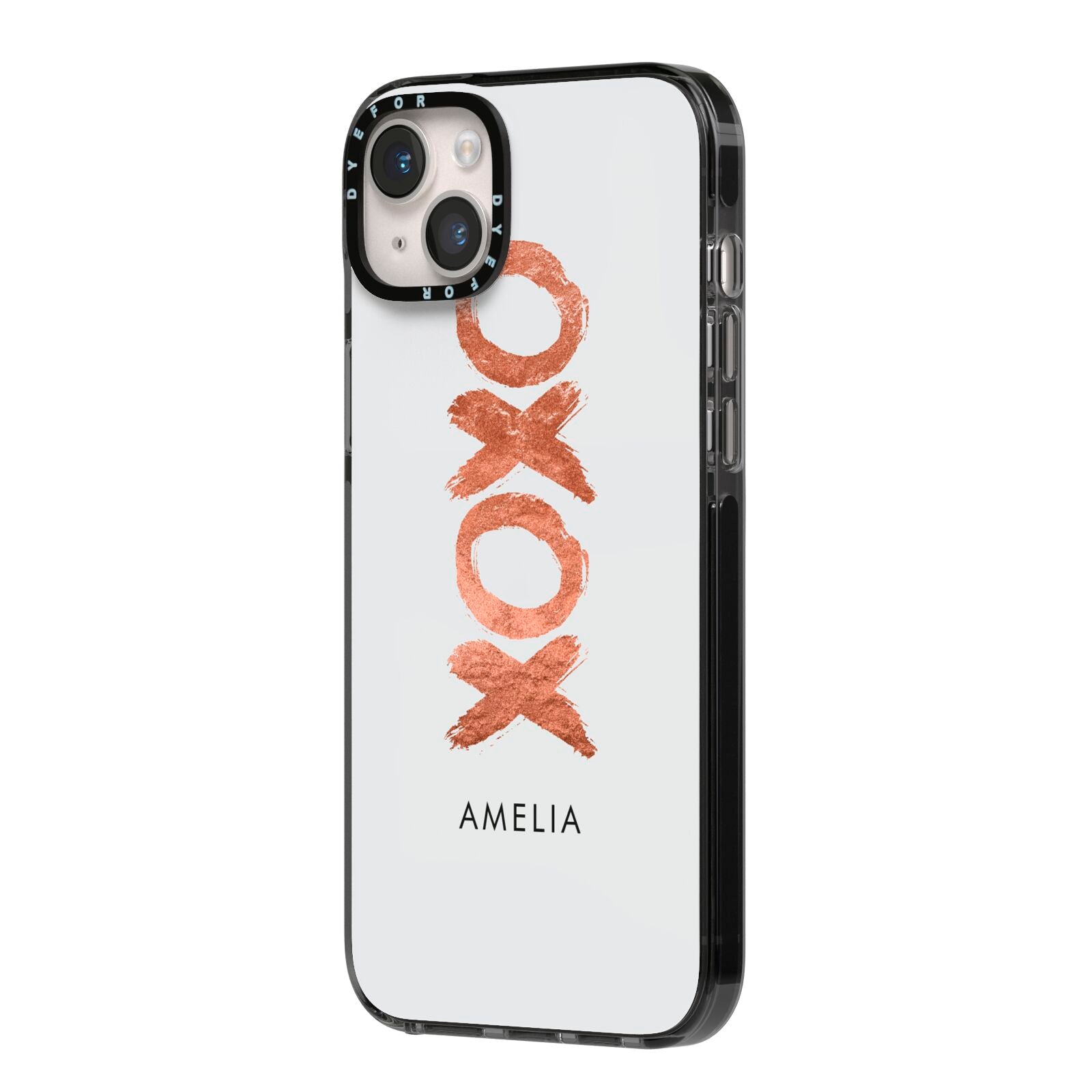 Personalised Xoxo Custom Name Or Initials iPhone 14 Plus Black Impact Case Side Angle on Silver phone