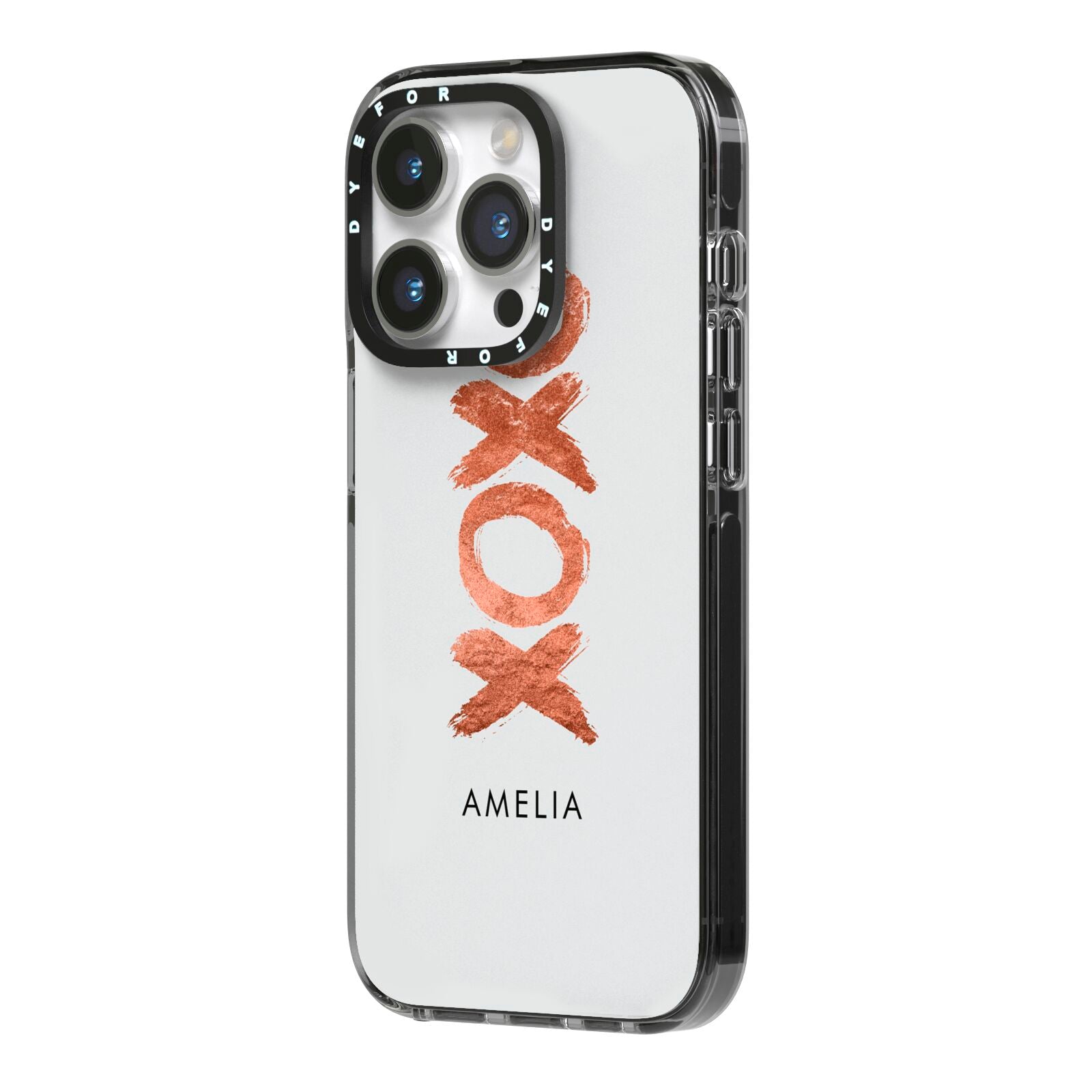Personalised Xoxo Custom Name Or Initials iPhone 14 Pro Black Impact Case Side Angle on Silver phone