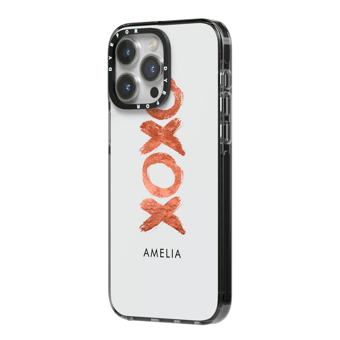 Personalised Xoxo Custom Name Or Initials iPhone 14 Pro Max Black Impact Case Side Angle on Silver phone
