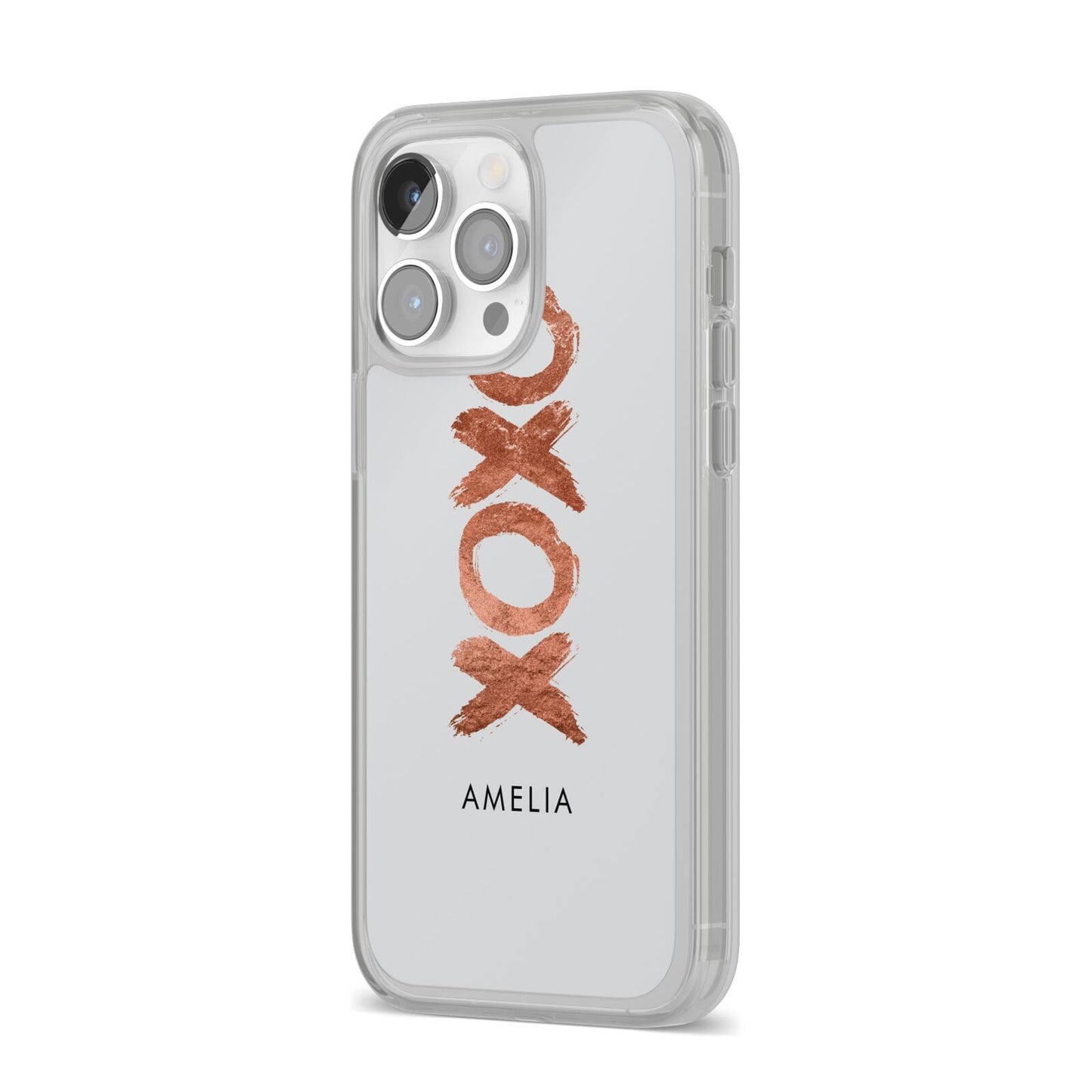 Personalised Xoxo Custom Name Or Initials iPhone 14 Pro Max Clear Tough Case Silver Angled Image