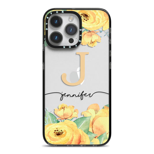 Personalised Yellow Flowers iPhone 14 Pro Max Black Impact Case on Silver phone