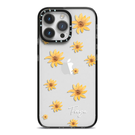 Personalised Yellow Lily iPhone 14 Pro Max Black Impact Case on Silver phone