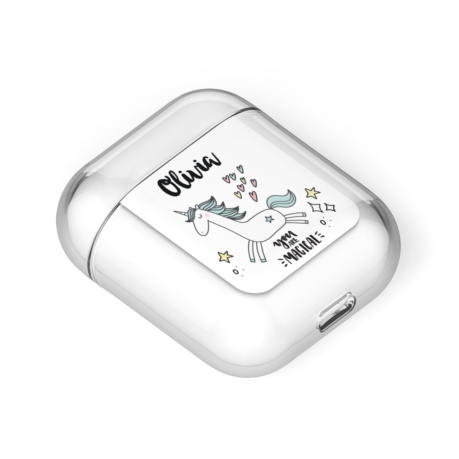 Personalised You Are Magical Unicorn AirPods Case Laid Flat