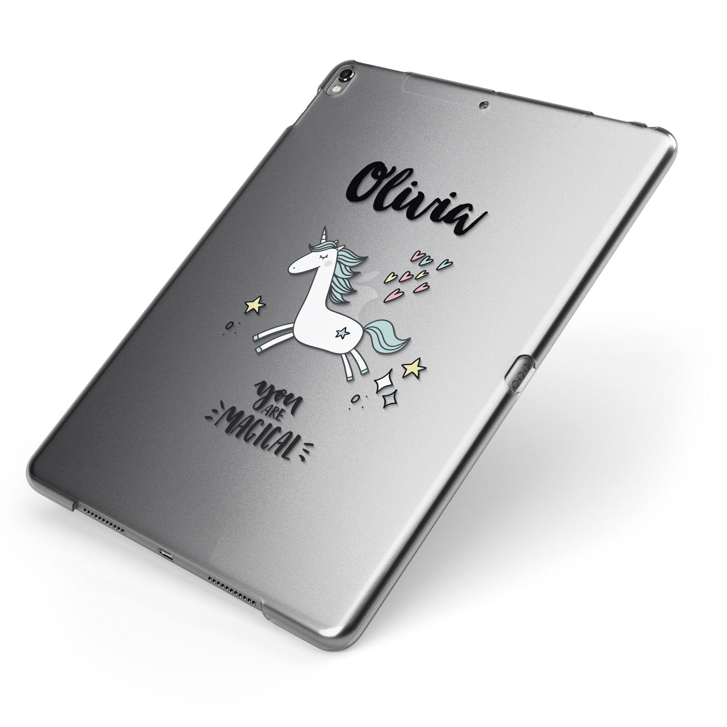 Personalised You Are Magical Unicorn Apple iPad Case on Grey iPad Side View