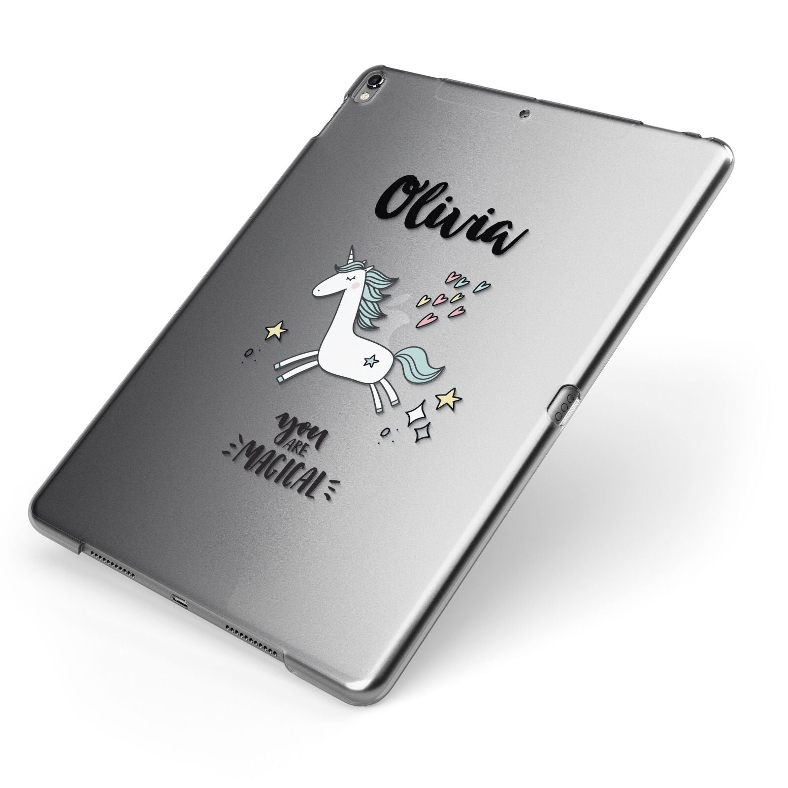 Personalised You Are Magical Unicorn Apple iPad Case on Grey iPad Side View