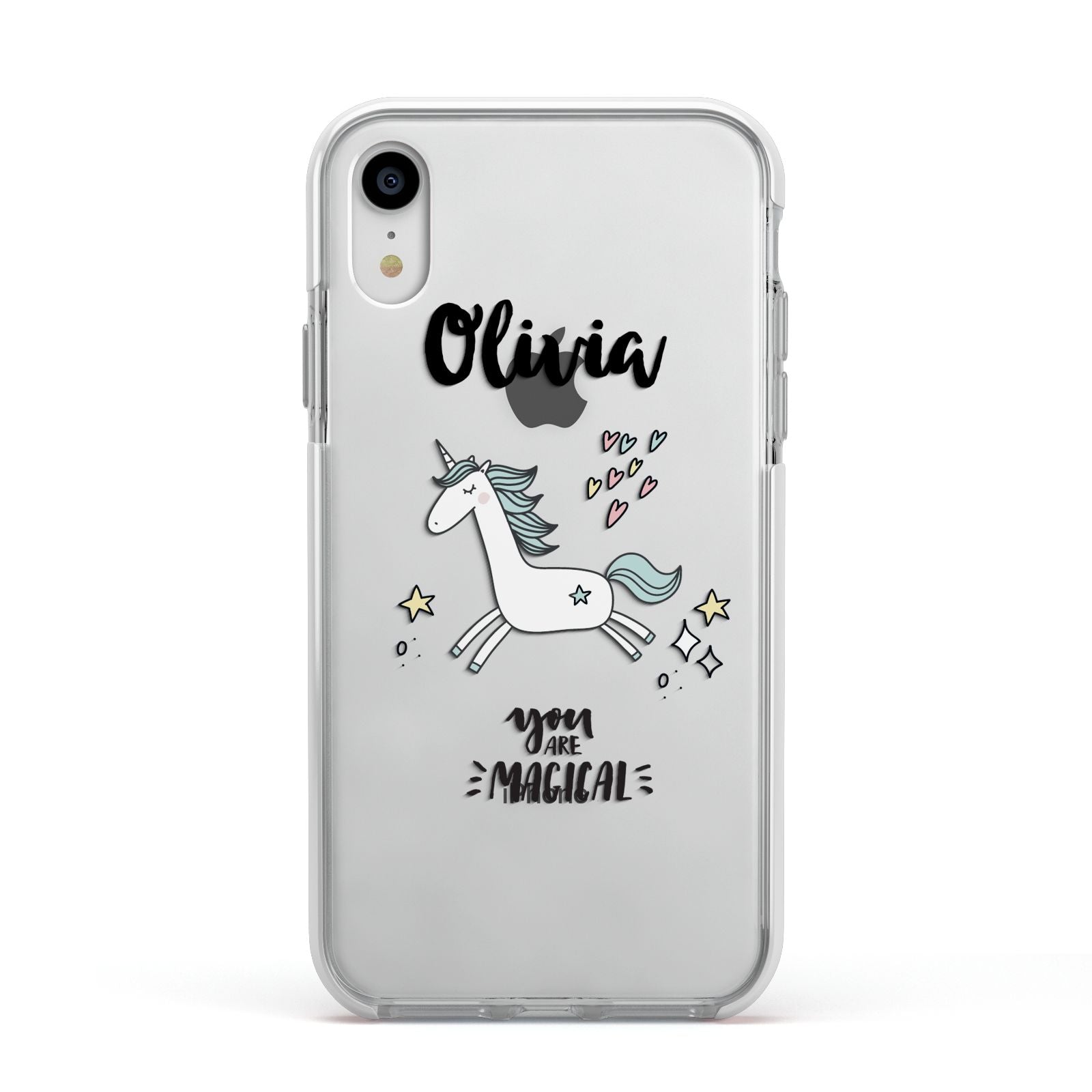 Personalised You Are Magical Unicorn Apple iPhone XR Impact Case White Edge on Silver Phone