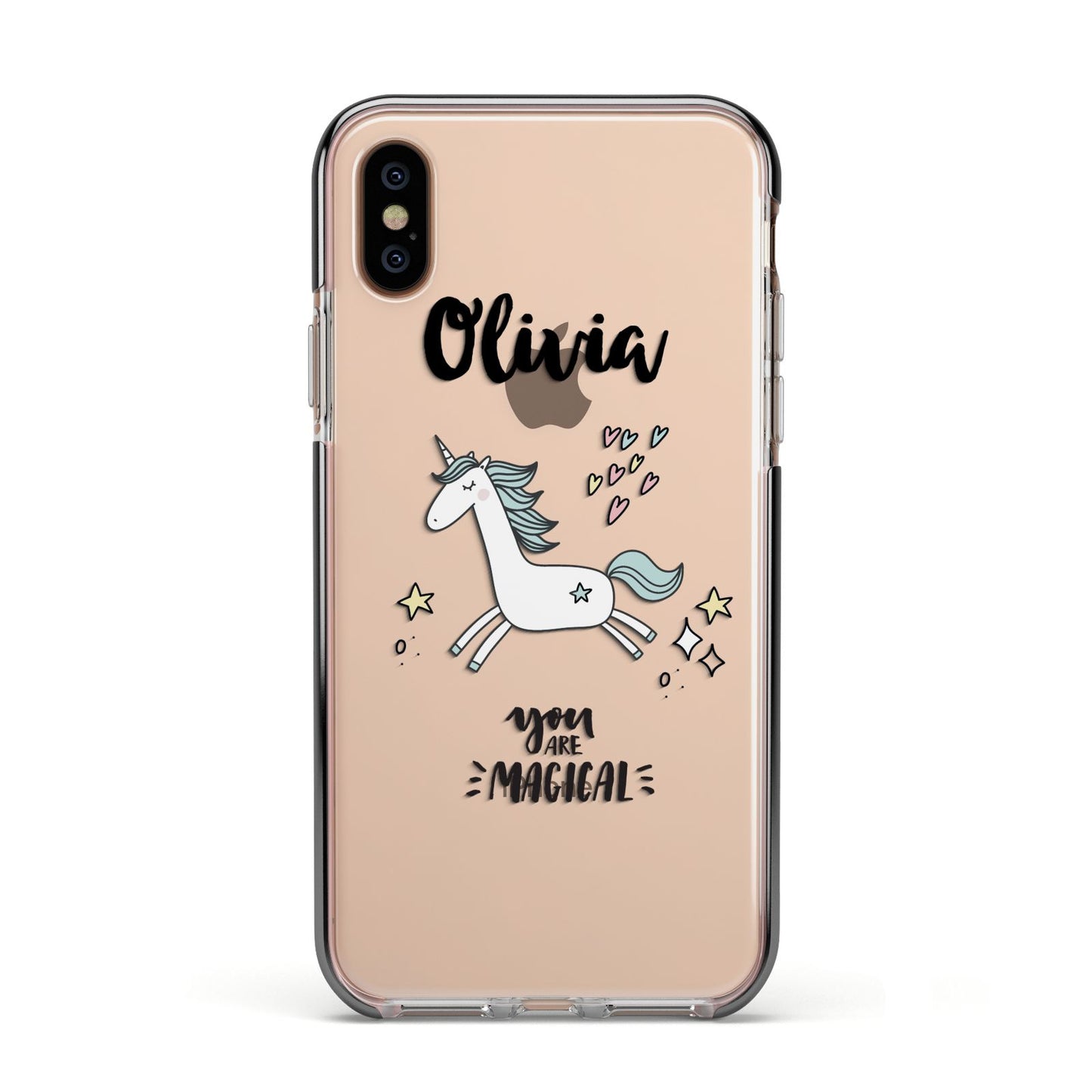 Personalised You Are Magical Unicorn Apple iPhone Xs Impact Case Black Edge on Gold Phone