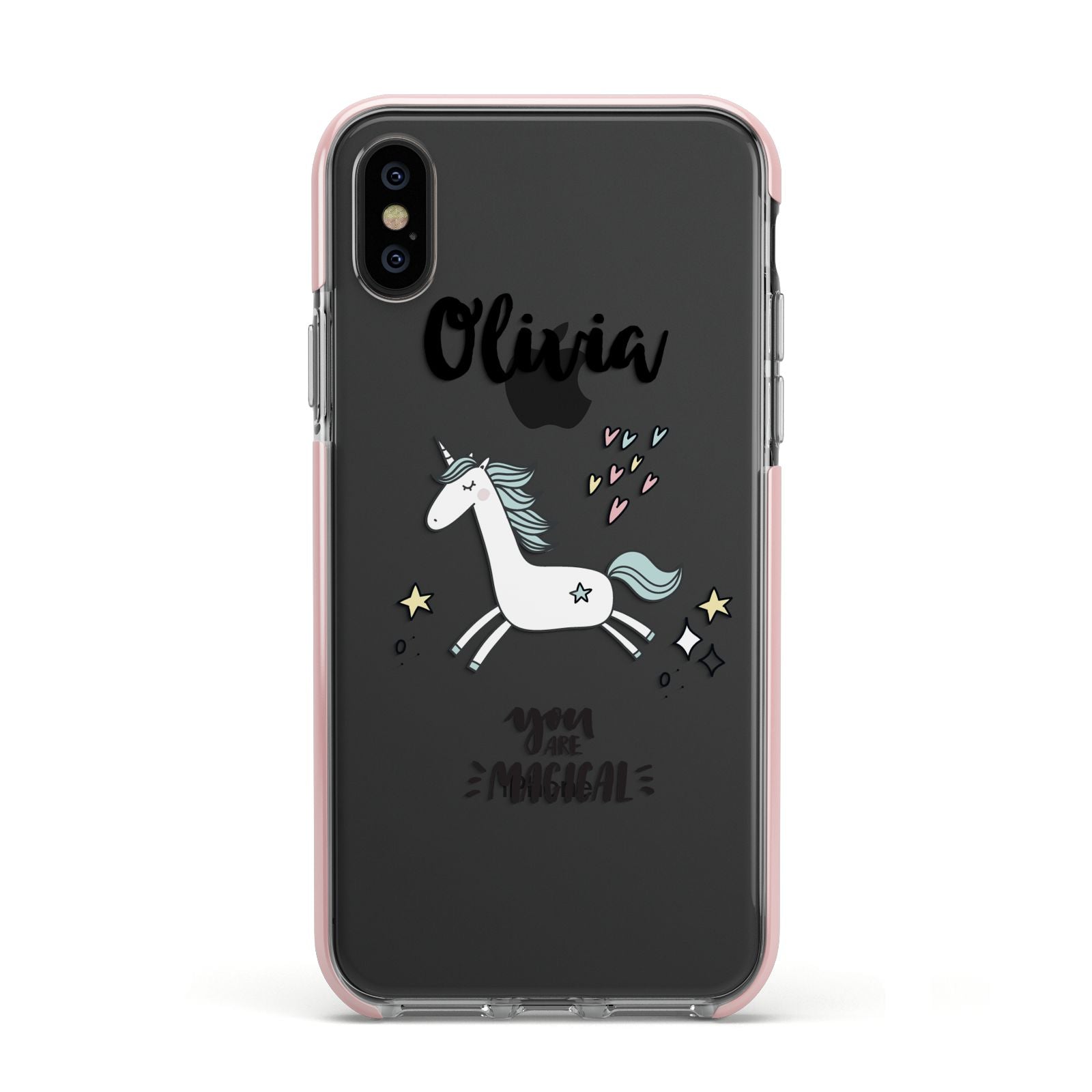 Personalised You Are Magical Unicorn Apple iPhone Xs Impact Case Pink Edge on Black Phone