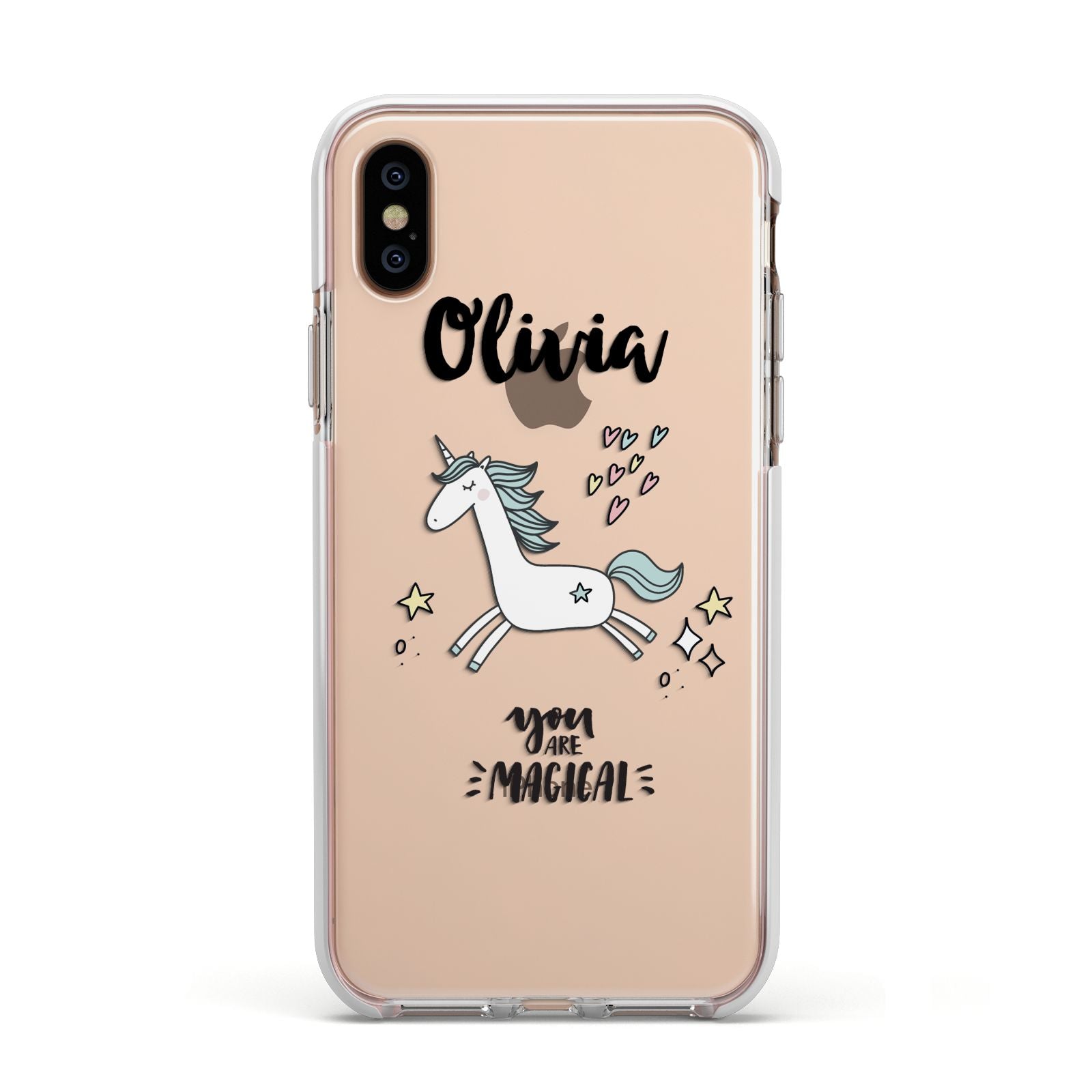 Personalised You Are Magical Unicorn Apple iPhone Xs Impact Case White Edge on Gold Phone