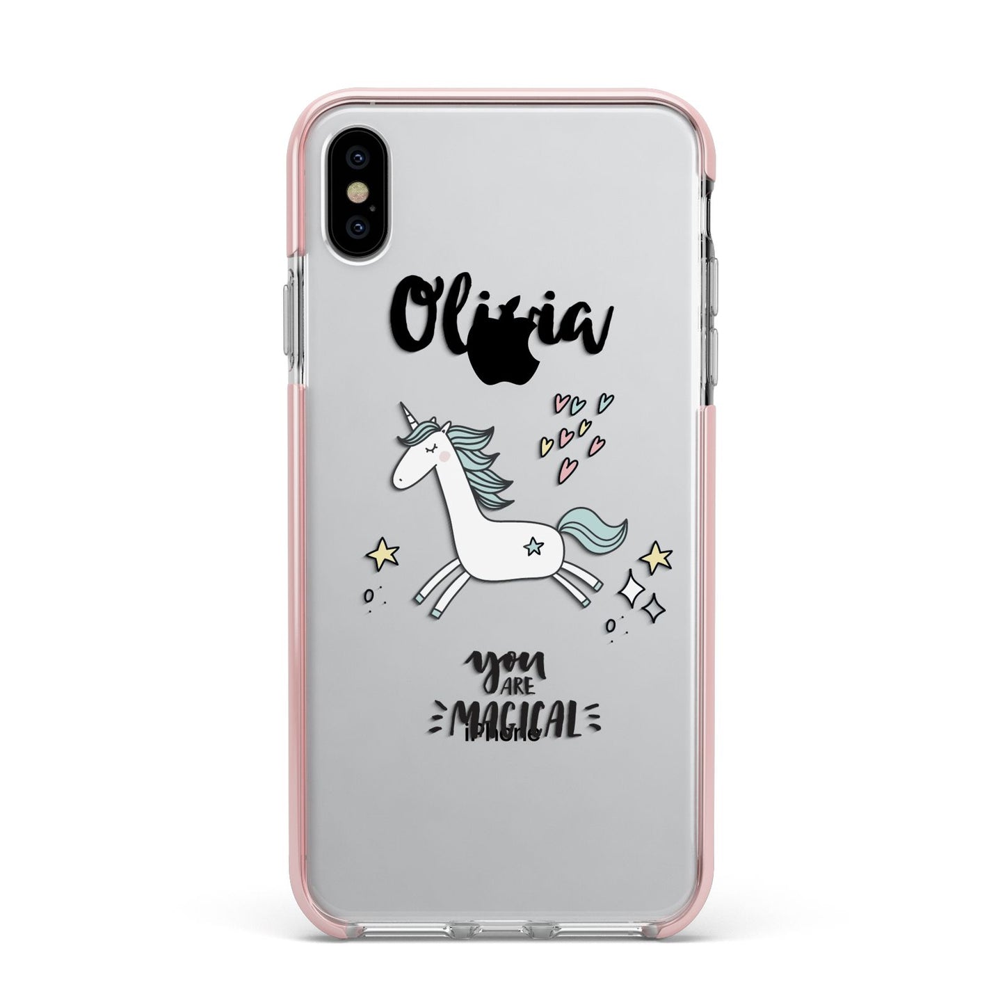 Personalised You Are Magical Unicorn Apple iPhone Xs Max Impact Case Pink Edge on Silver Phone