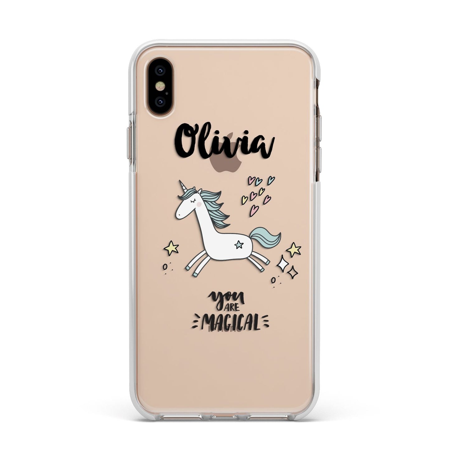 Personalised You Are Magical Unicorn Apple iPhone Xs Max Impact Case White Edge on Gold Phone