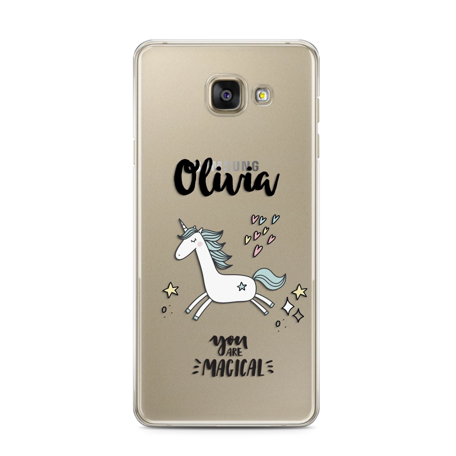 Personalised You Are Magical Unicorn Samsung Galaxy A3 2016 Case on gold phone
