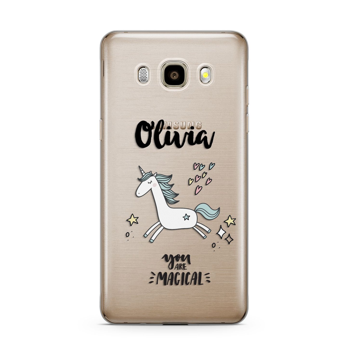 Personalised You Are Magical Unicorn Samsung Galaxy J7 2016 Case on gold phone