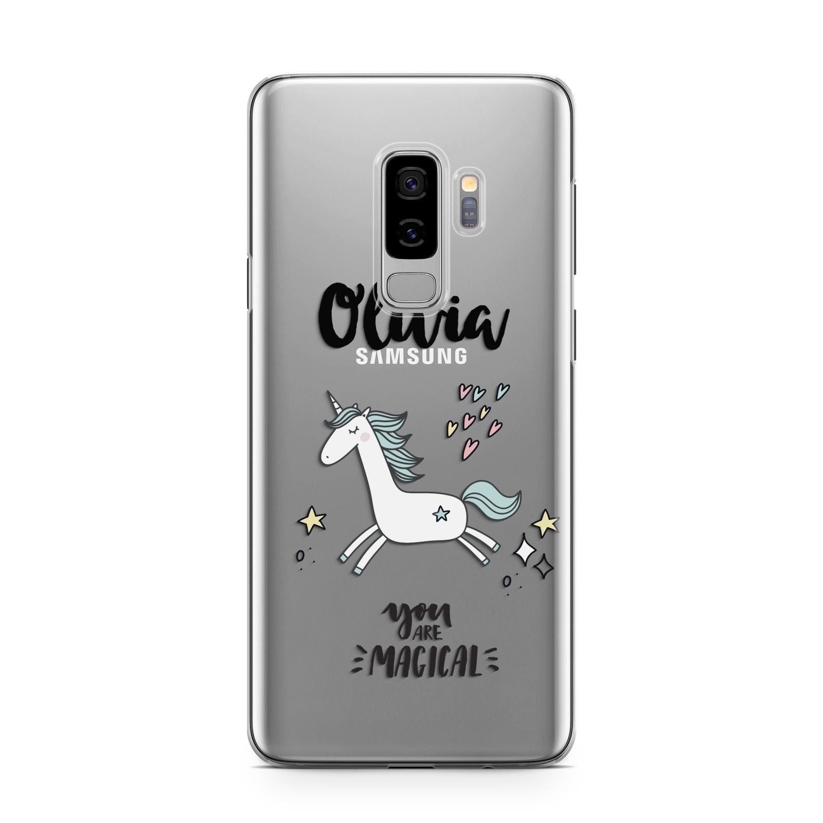 Personalised You Are Magical Unicorn Samsung Galaxy S9 Plus Case on Silver phone