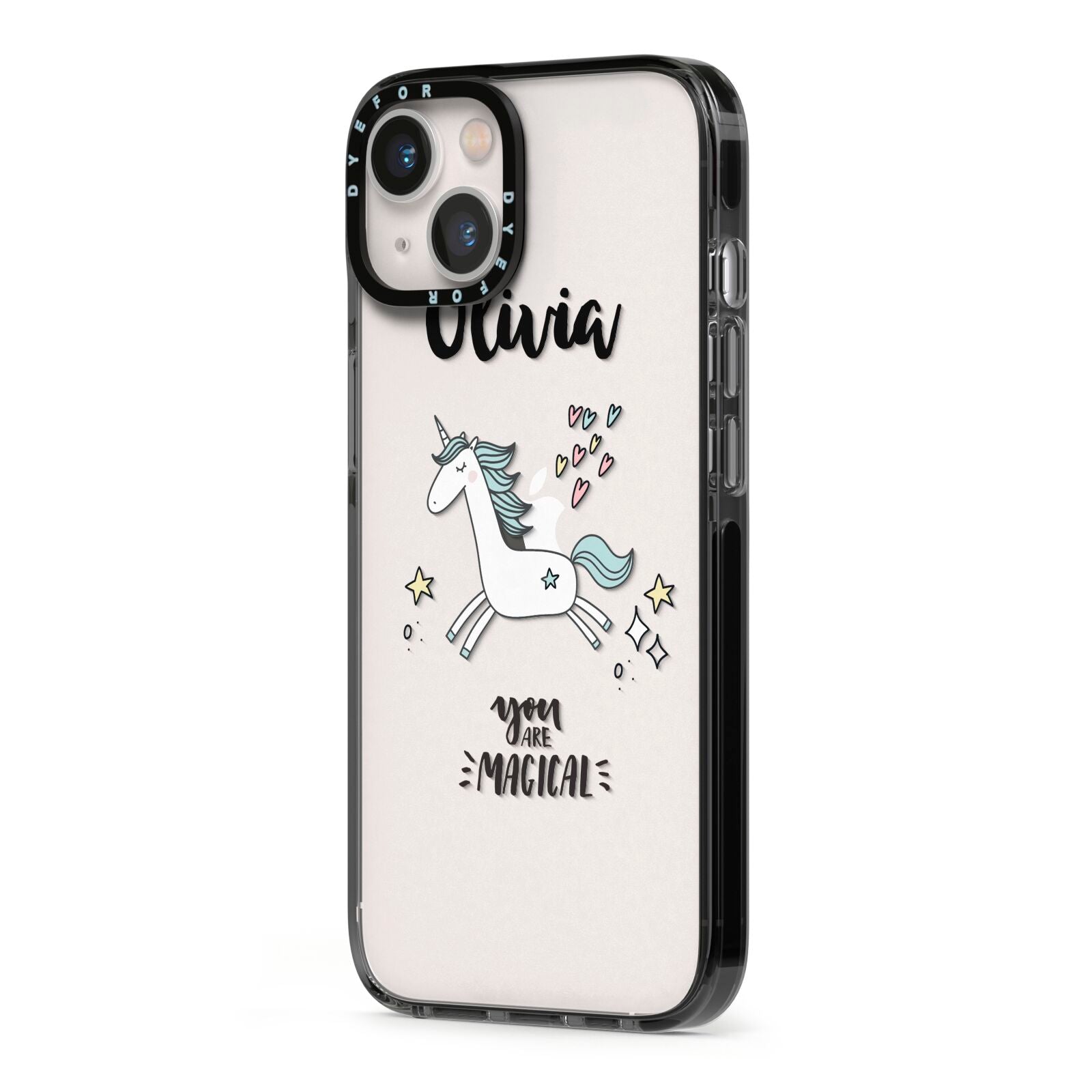 Personalised You Are Magical Unicorn iPhone 13 Black Impact Case Side Angle on Silver phone